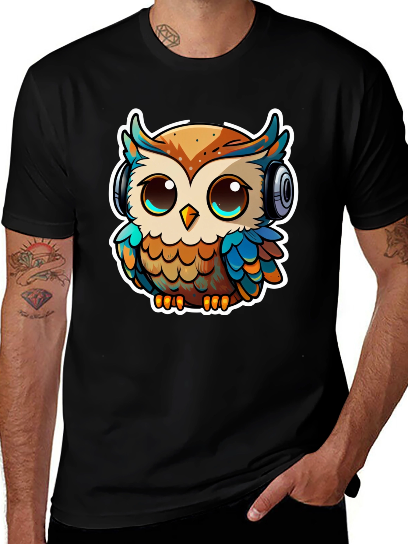 Variant 14 of Owl with Headphones Black T-Shirt