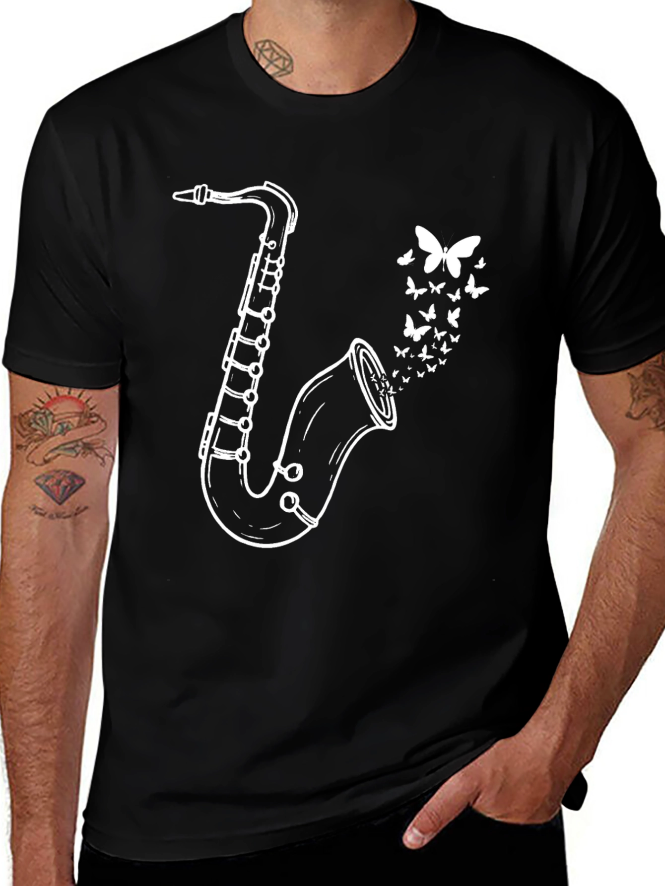 Variant 12 of Saxophone Butterfly Graphic Tee - Black Casual T-Shirt