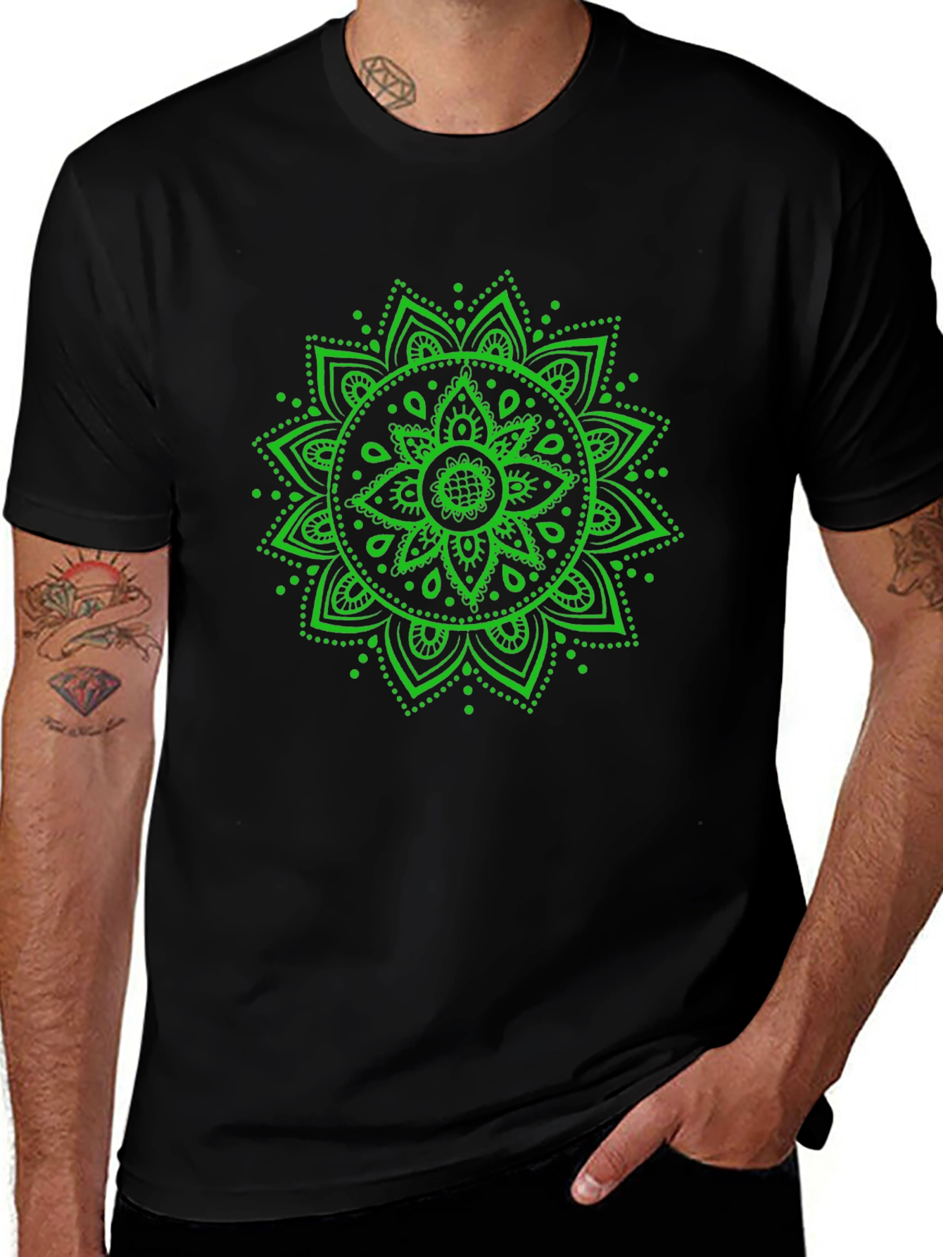 Variant 8 of Green Mandala Graphic Black T-Shirt