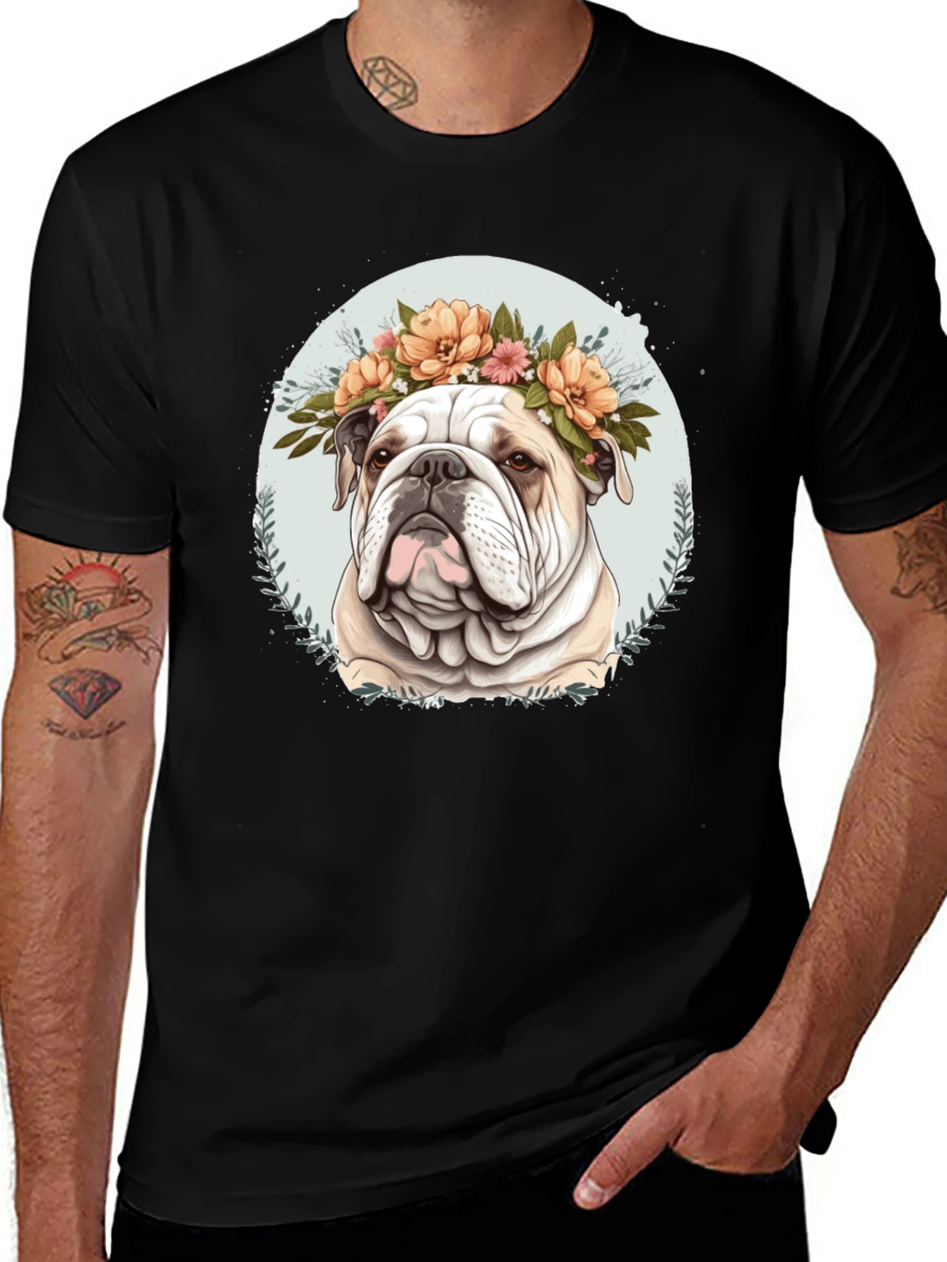 Variant 2 of Bulldog Floral Crown Black T-Shirt
