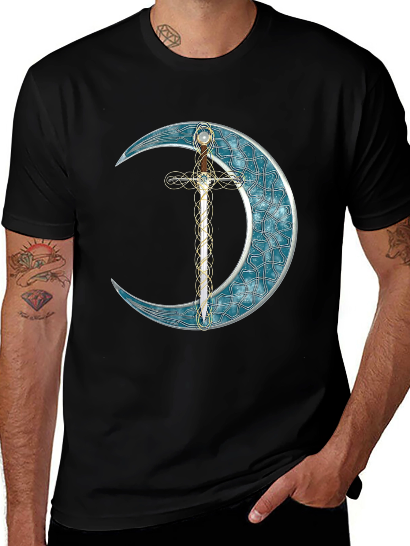 Variant 16 of Crescent Moon Sword Graphic Tee - Stylish Black T-Shirt