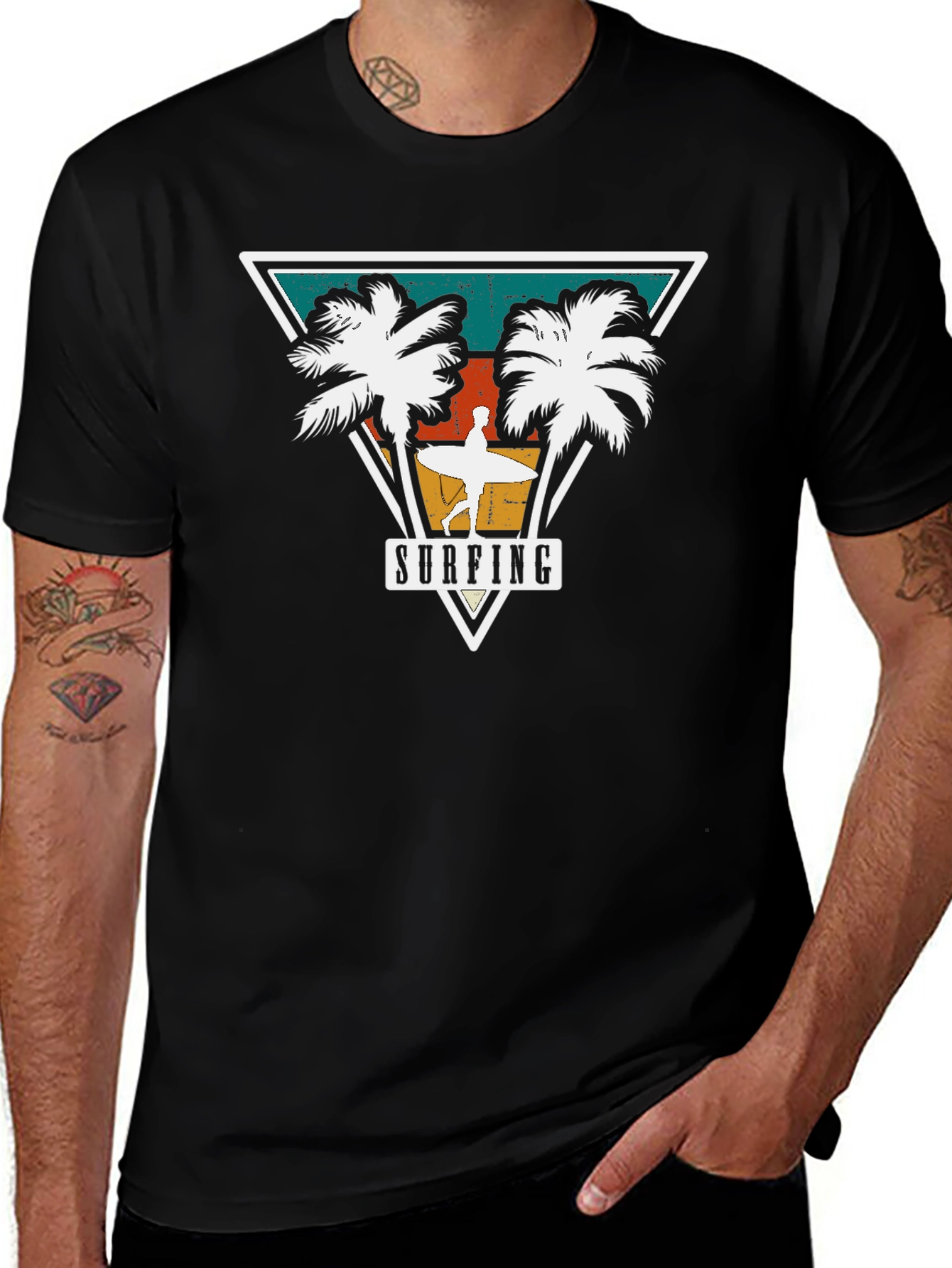 Variant 8 of Surfing Graphic Tee - Vintage Palm Tree Design