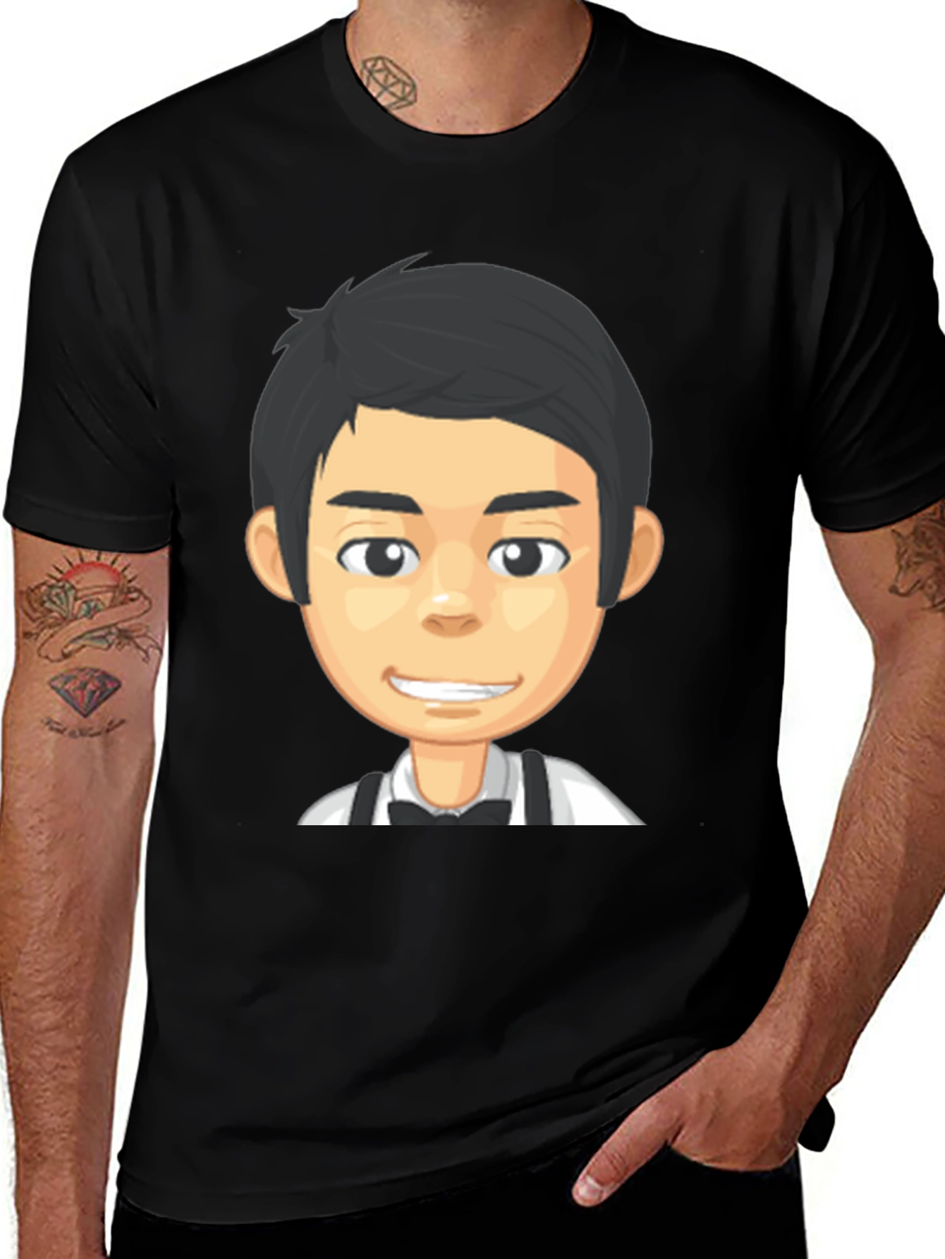 Variant 18 of Cartoon Waiter Graphic Tee - Black Crew Neck T-Shirt