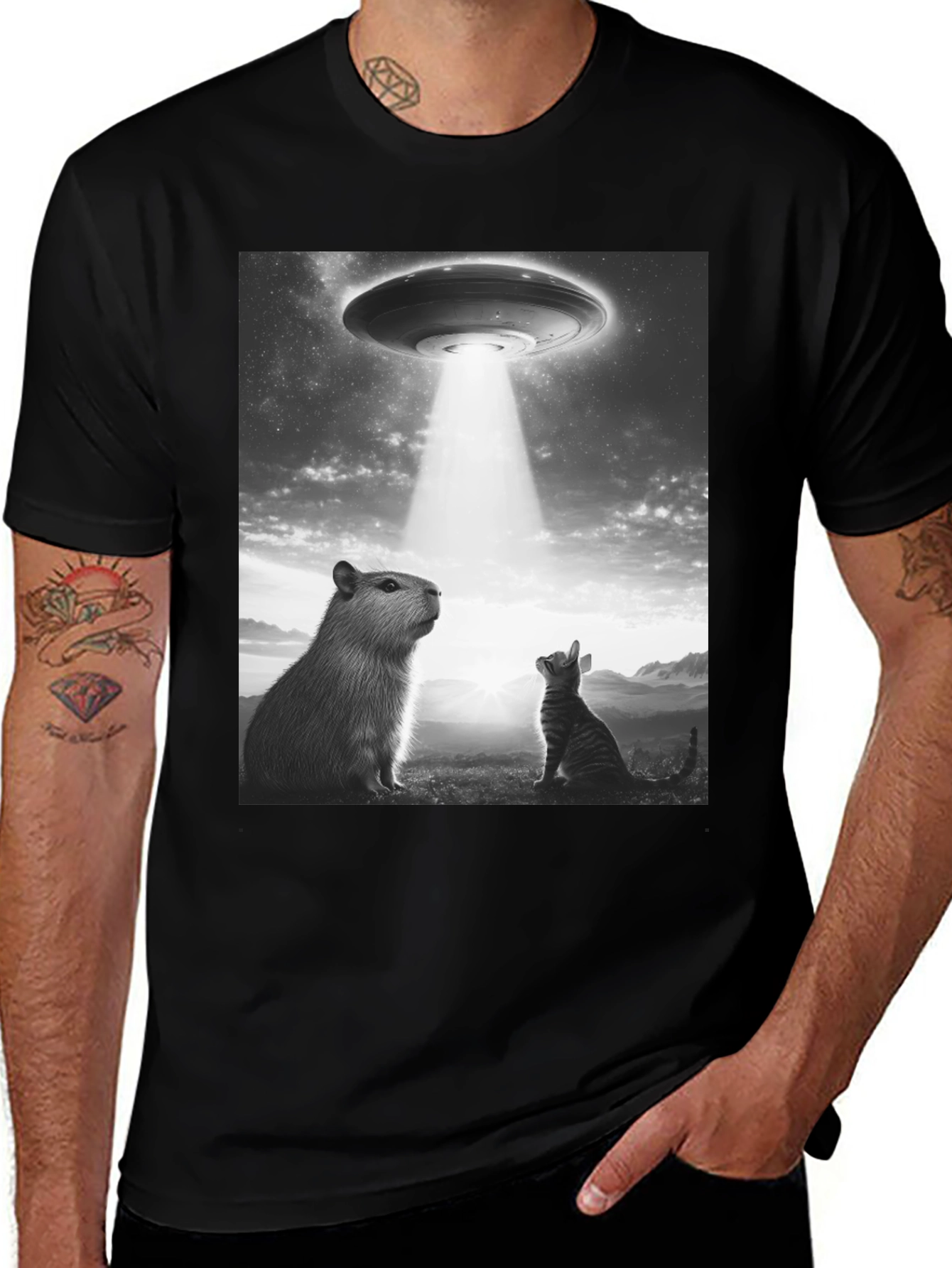 Variant 30 of UFO Abduction Tee - Capybara and Cat Black T-Shirt