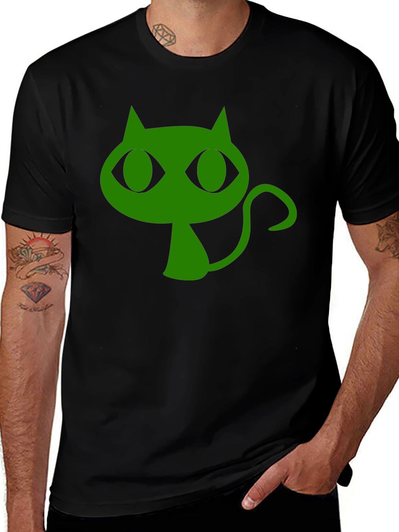 Variant 9 of Green Cat Graphic Black T-Shirt