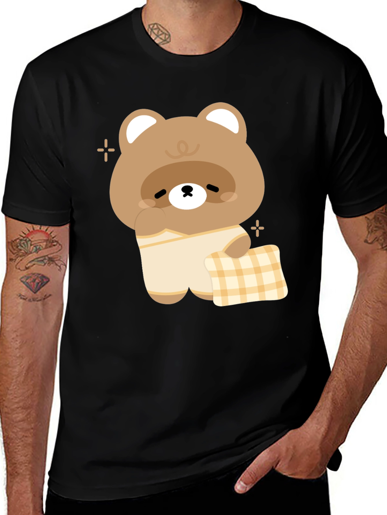 Cute Kawaii Bear in Pajamas Black T-Shirt