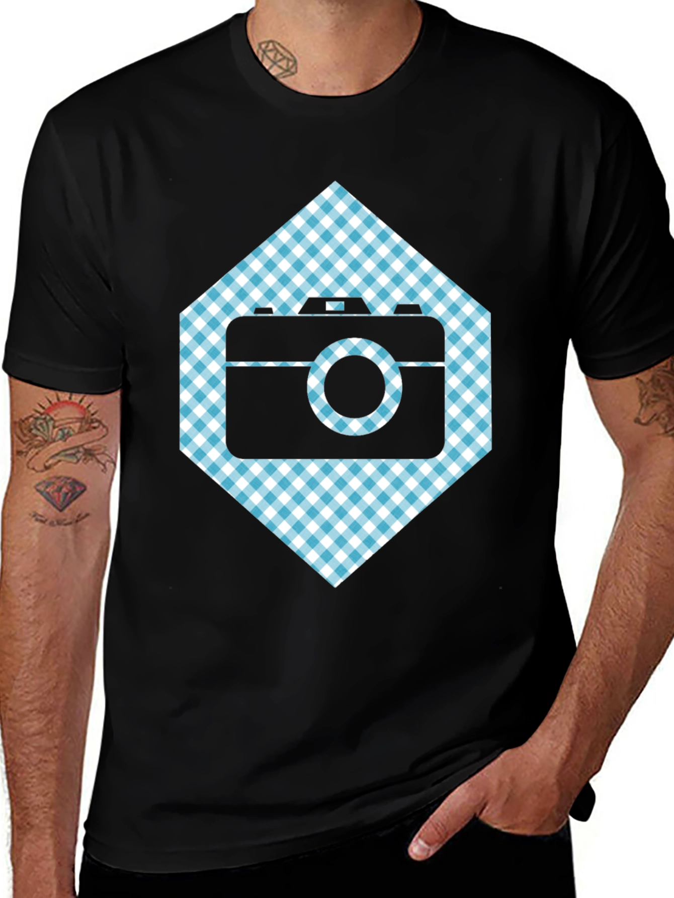 Variant 27 of Retro Camera Gingham Graphic Tee - Stylish Men's Black T-Shirt