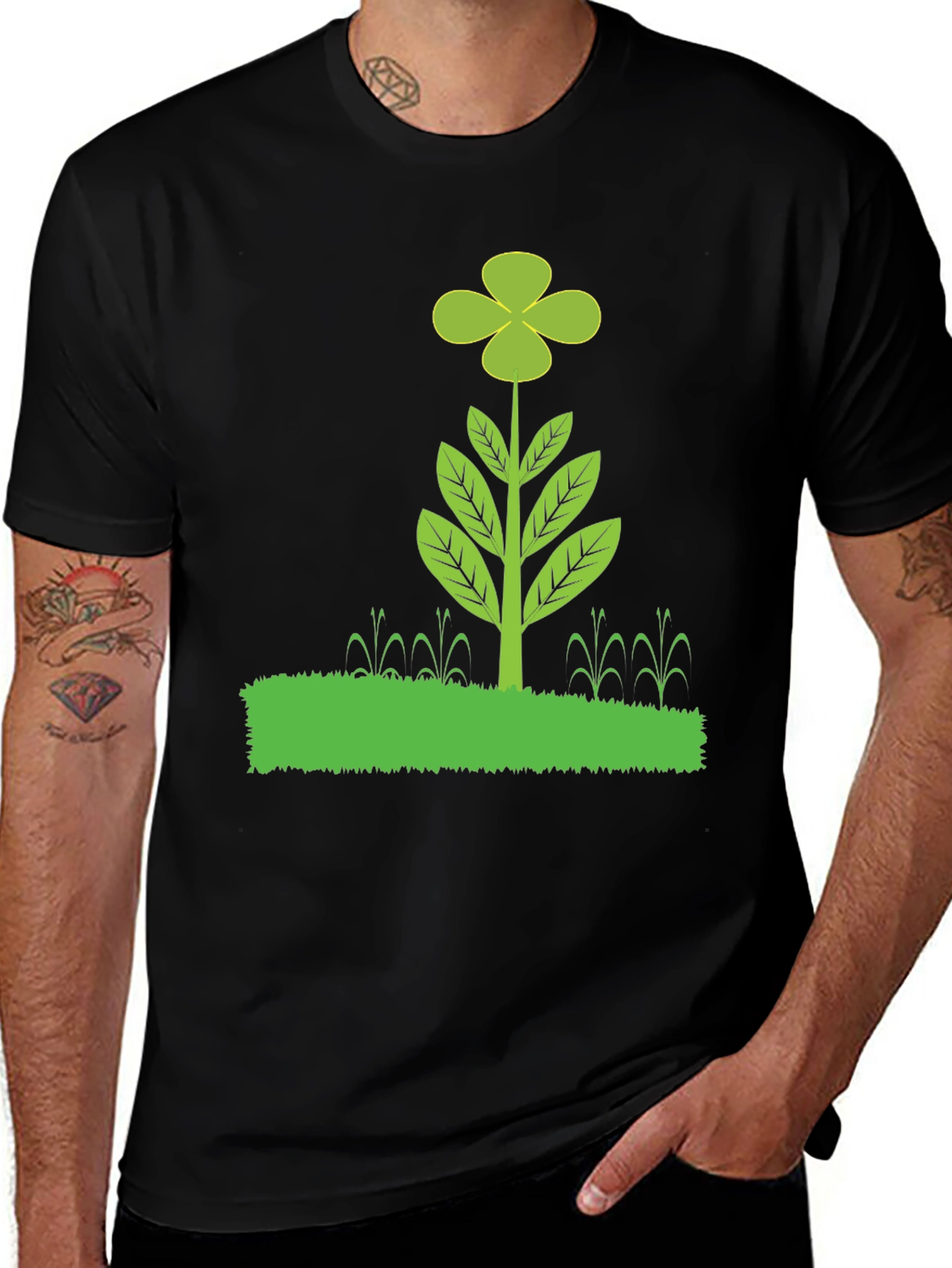 Variant 4 of Clover Plant Graphic T-Shirt - Black Cotton Blend