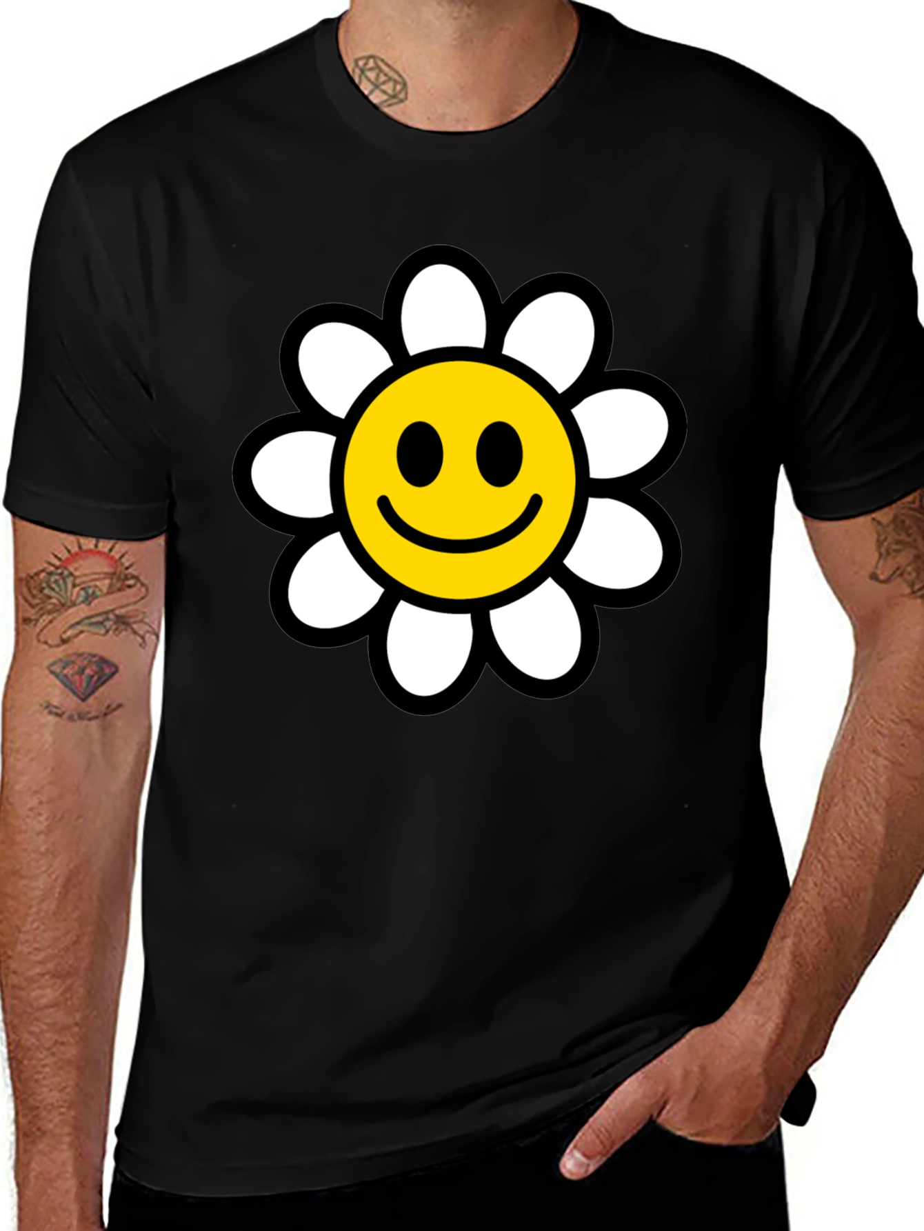 Variant 30 of Smiley Face Daisy Graphic T-Shirt - Black