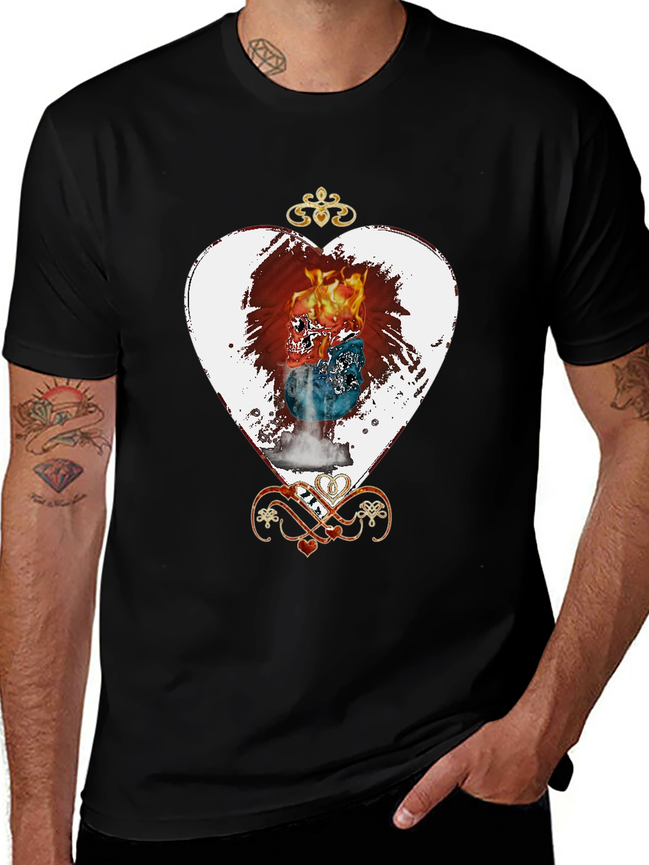 Variant 19 of Flaming Skull Heart Graphic Tee - Unique Design