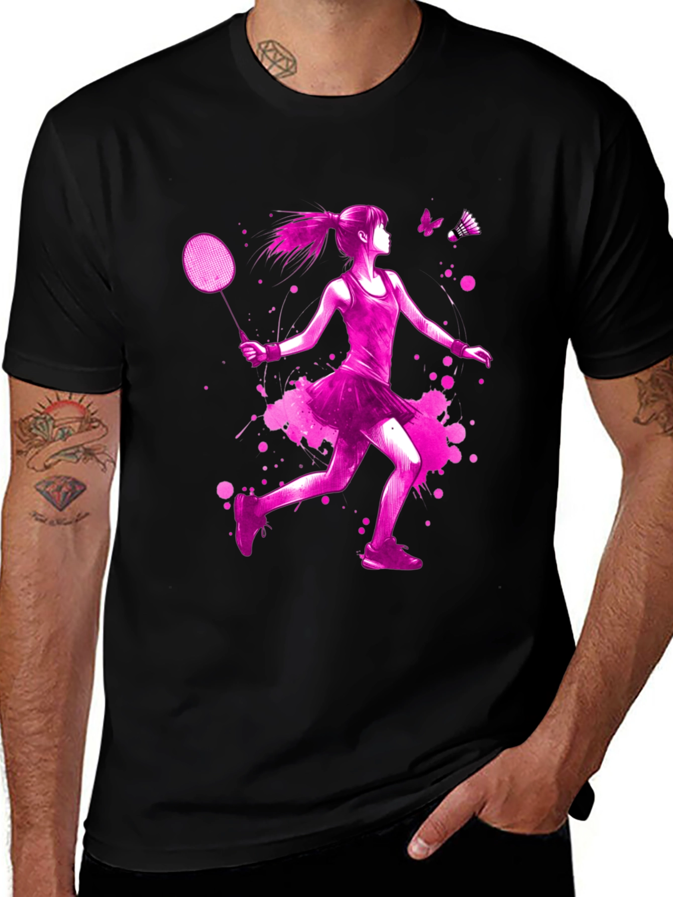 Variant 23 of Badminton Girl Pink Print Black T-Shirt