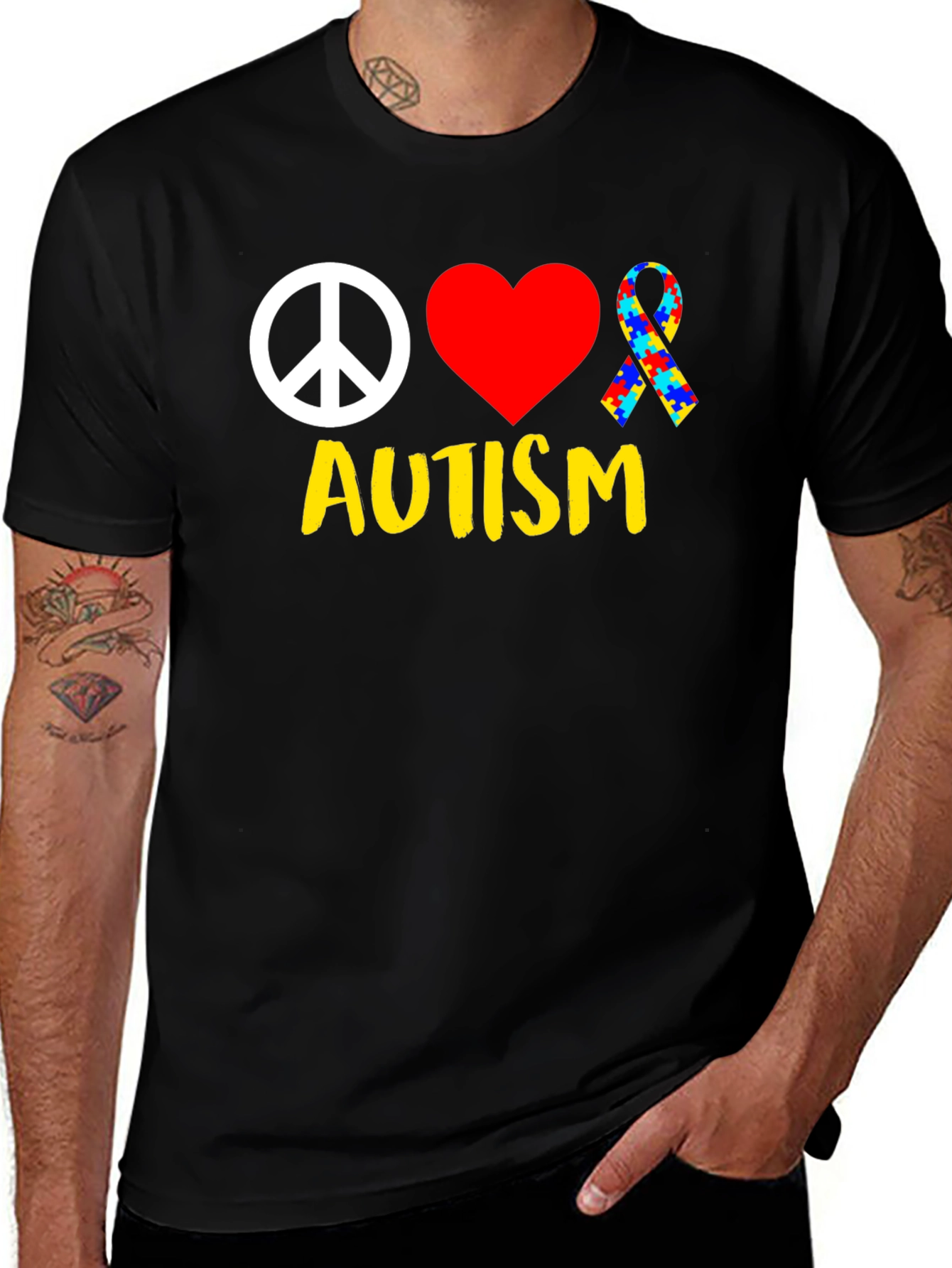 Autism Awareness Peace Love Puzzle Ribbon T-Shirt