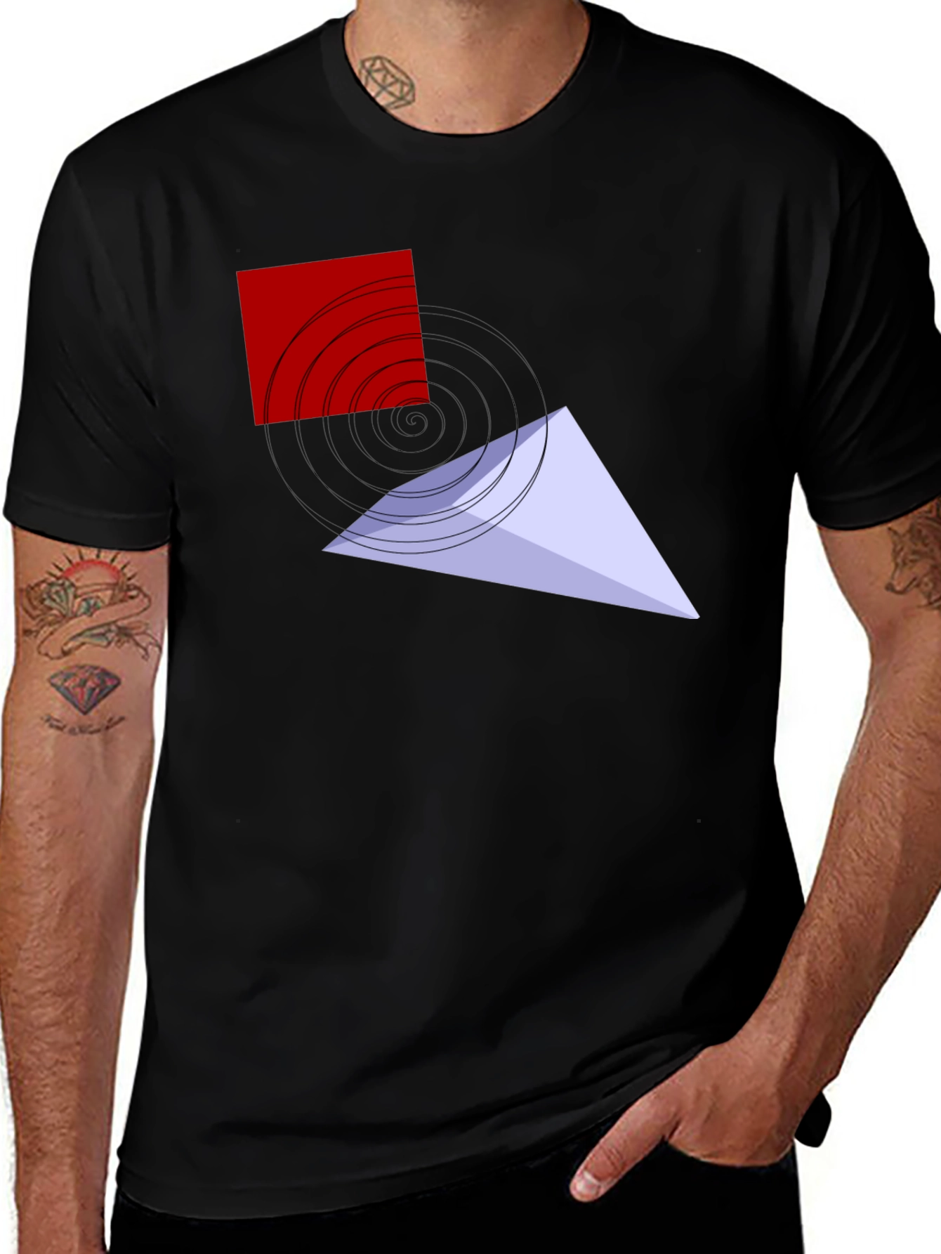 Abstract Graphic Tee - Red Square, Blue Triangle Design