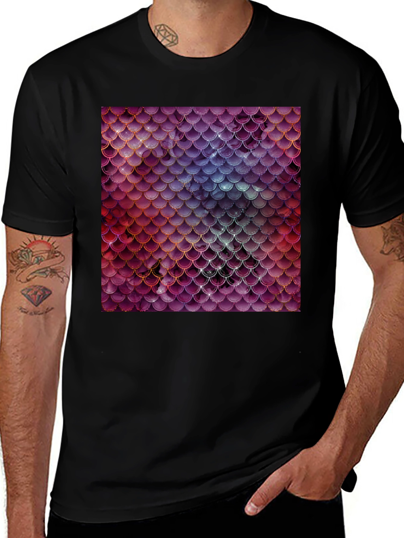 Black Men's T-Shirt with Fish Scale Print main image