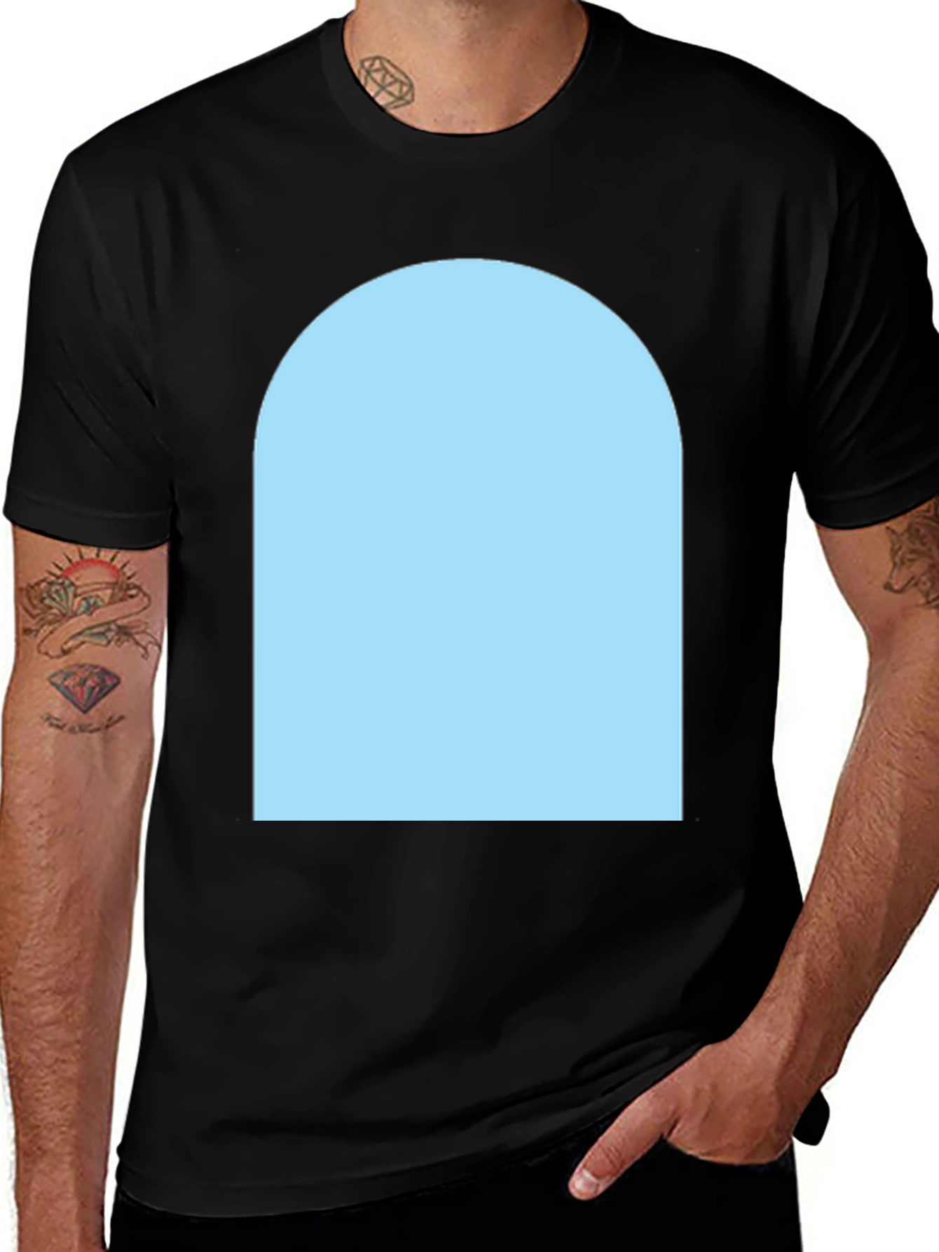 Variant 28 of Black Crew Neck T-Shirt with Light Blue Arch Design