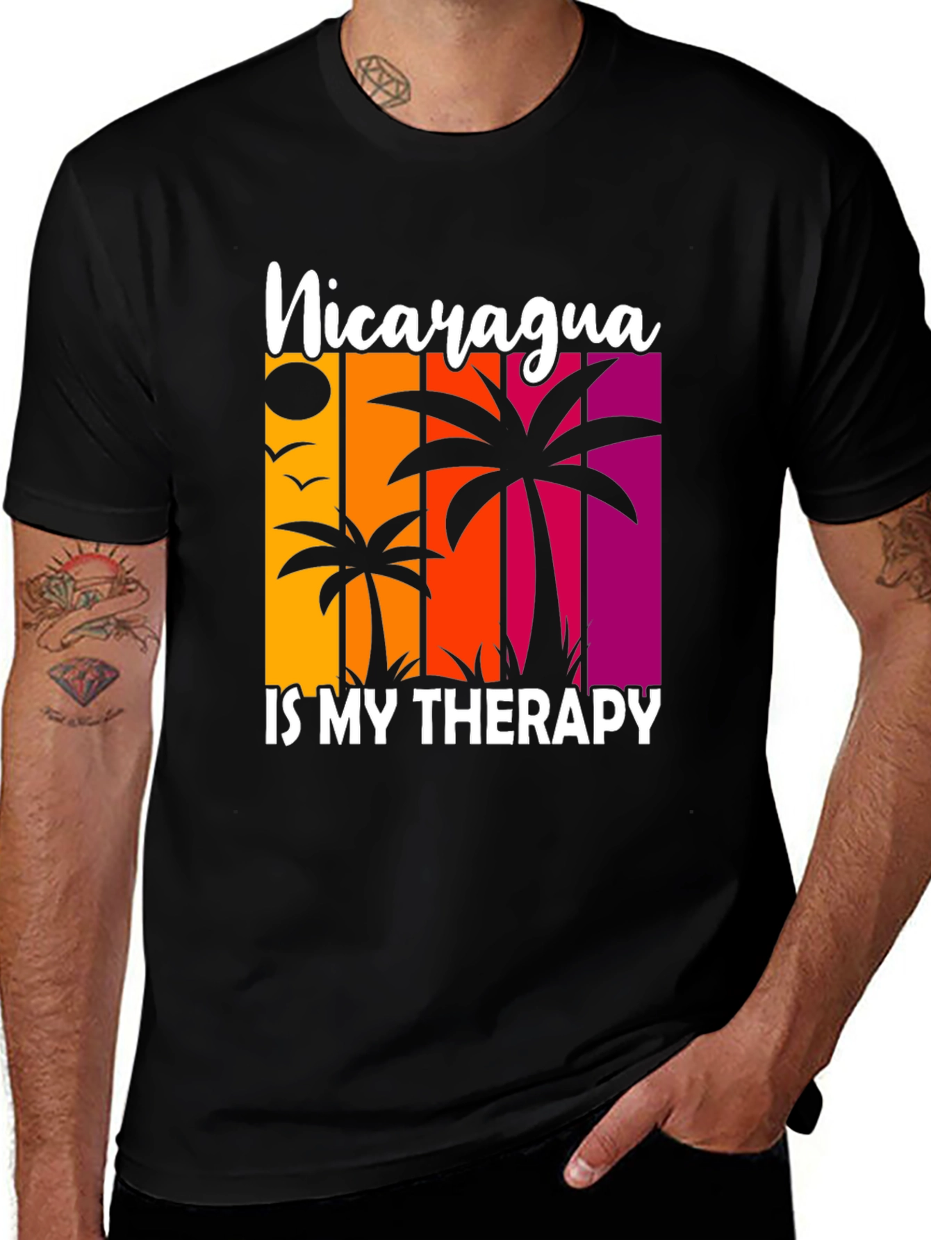Black Nicaragua Therapy Graphic Tee, Tropical Palm Shirt main image