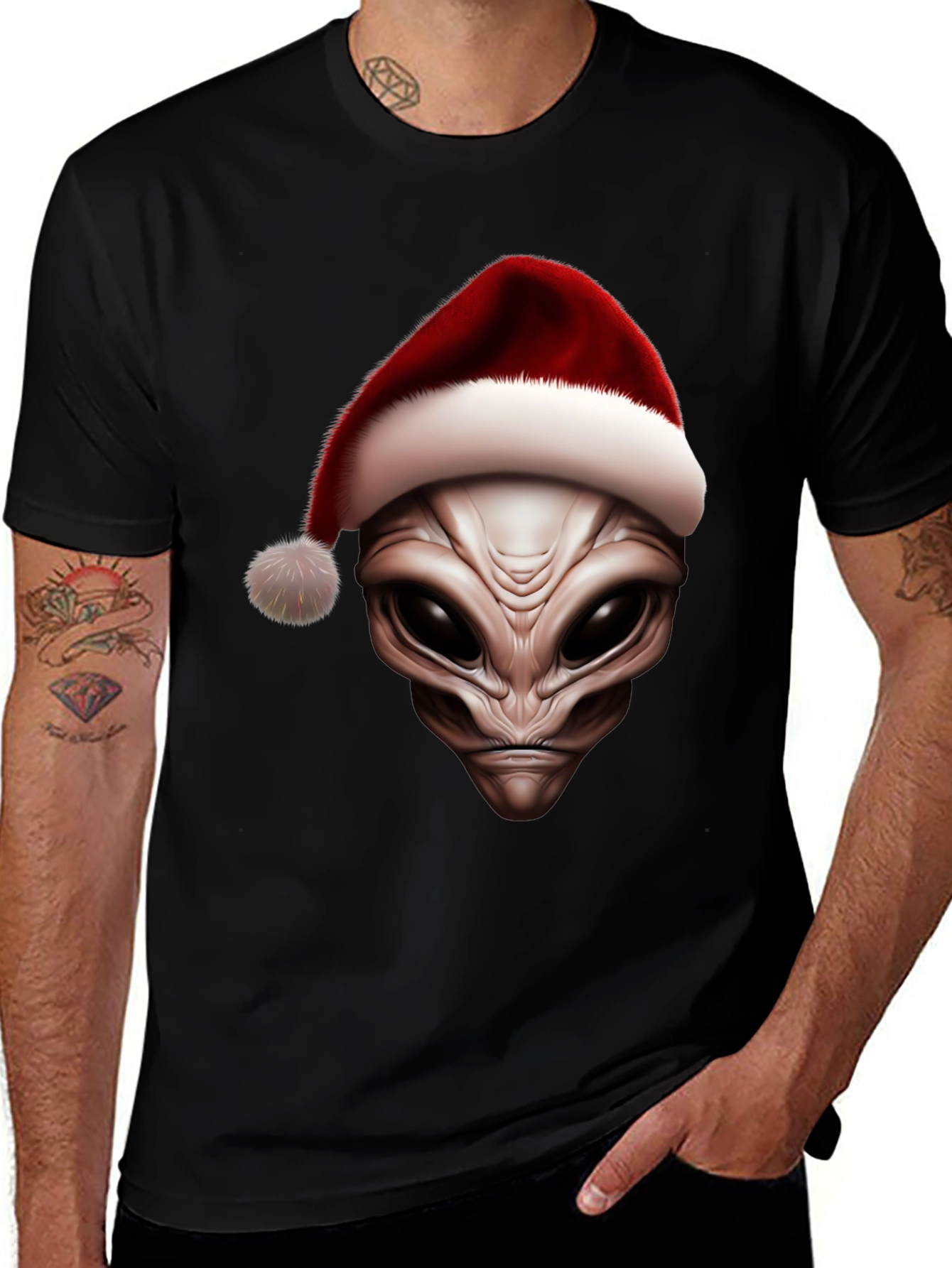 Alien Christmas T-Shirt - Santa Hat Grey Alien Graphic Tee