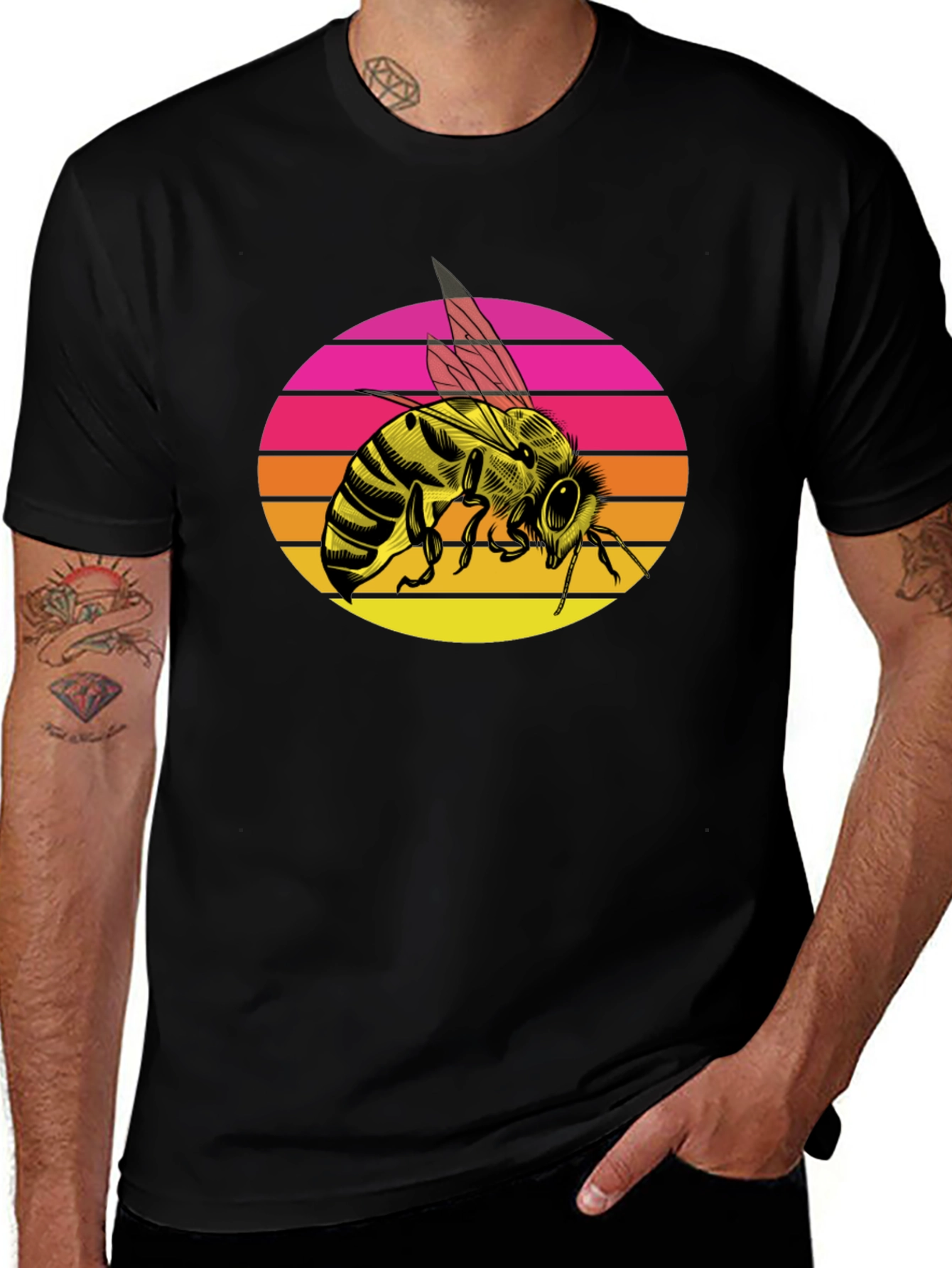 Variant 29 of Sunset Bee Graphic Tee - Trendy Black T-Shirt