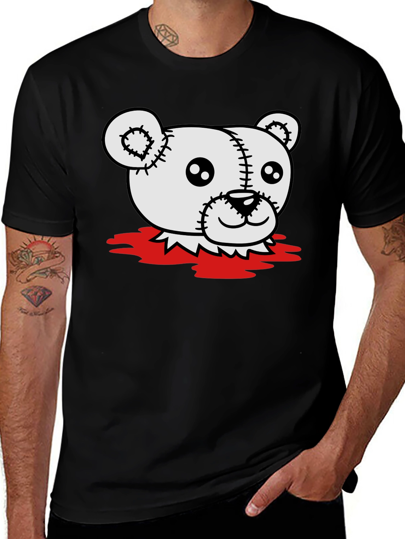 Variant 6 of Creepy Stitched Teddy Bear Head Graphic Tee - Black
