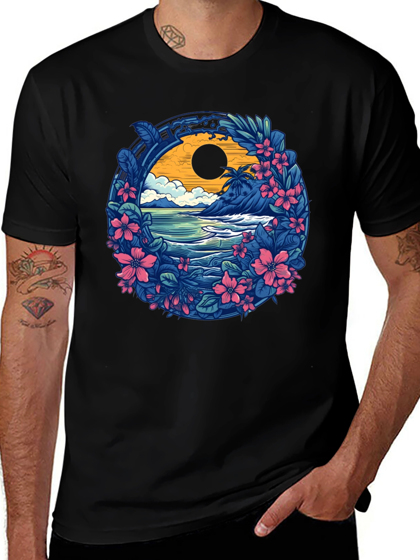 Variant 5 of Tropical Beach Floral Graphic Tee - Black