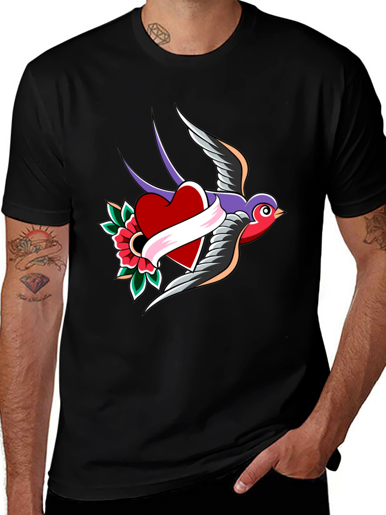 Variant 12 of Swallow Heart Tattoo Style Men's Black T-Shirt