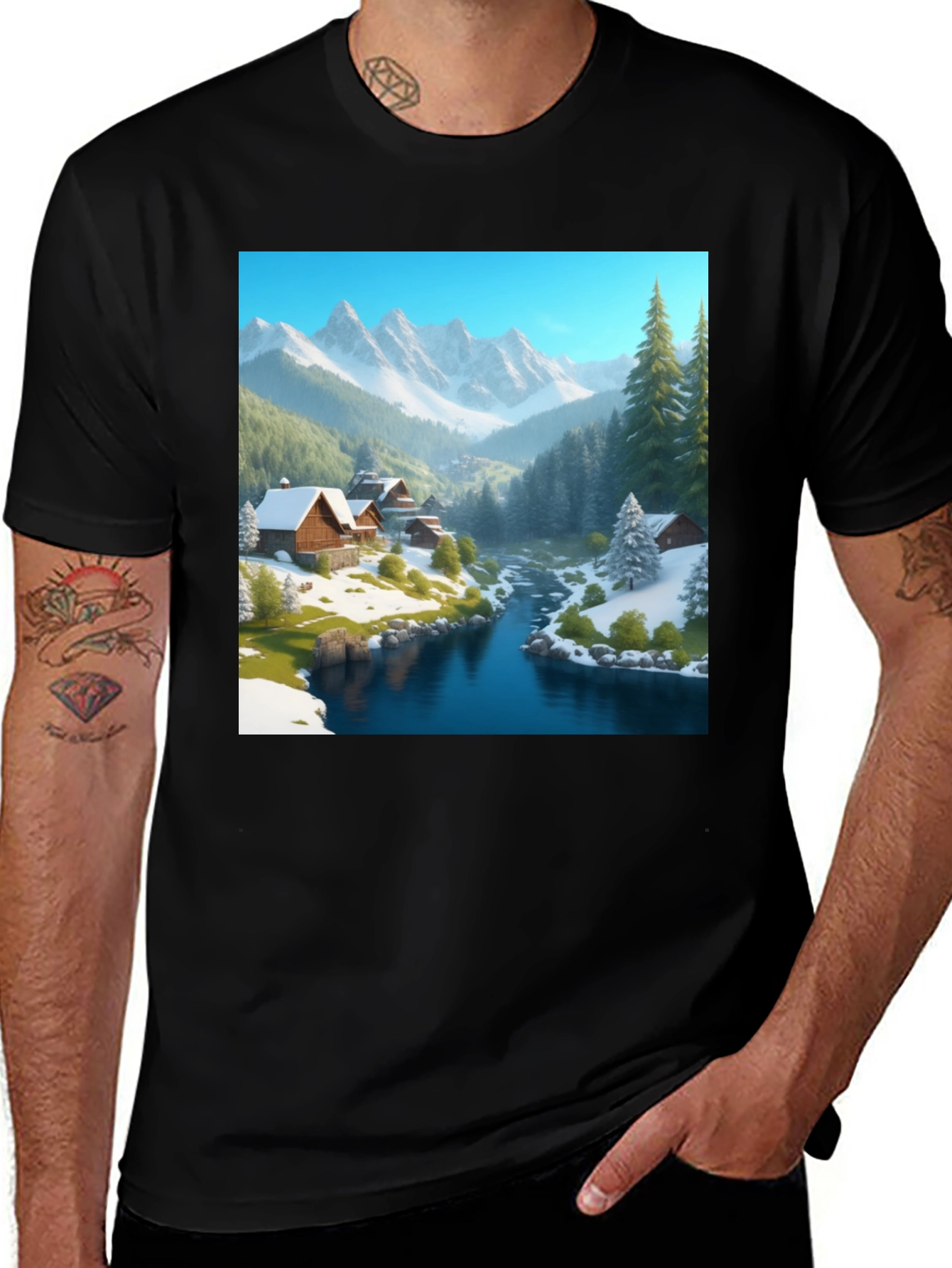Variant 12 of Mountain Cabin Scene Black T-Shirt