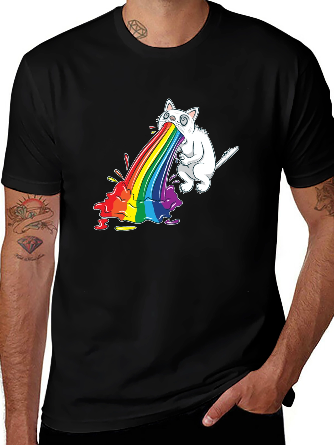 Variant 29 of Rainbow Vomiting Cat Graphic Tee - Black