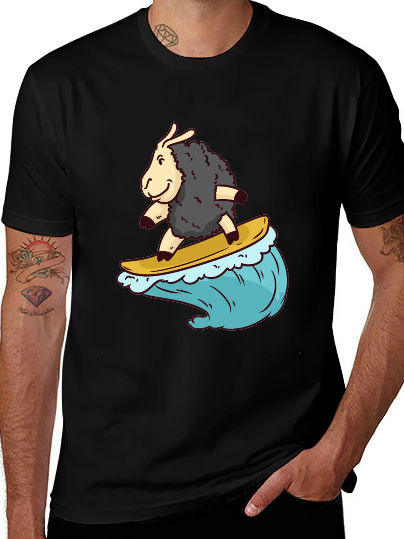 Variant 26 of Surfing Sheep T-Shirt - Black Cotton Tee