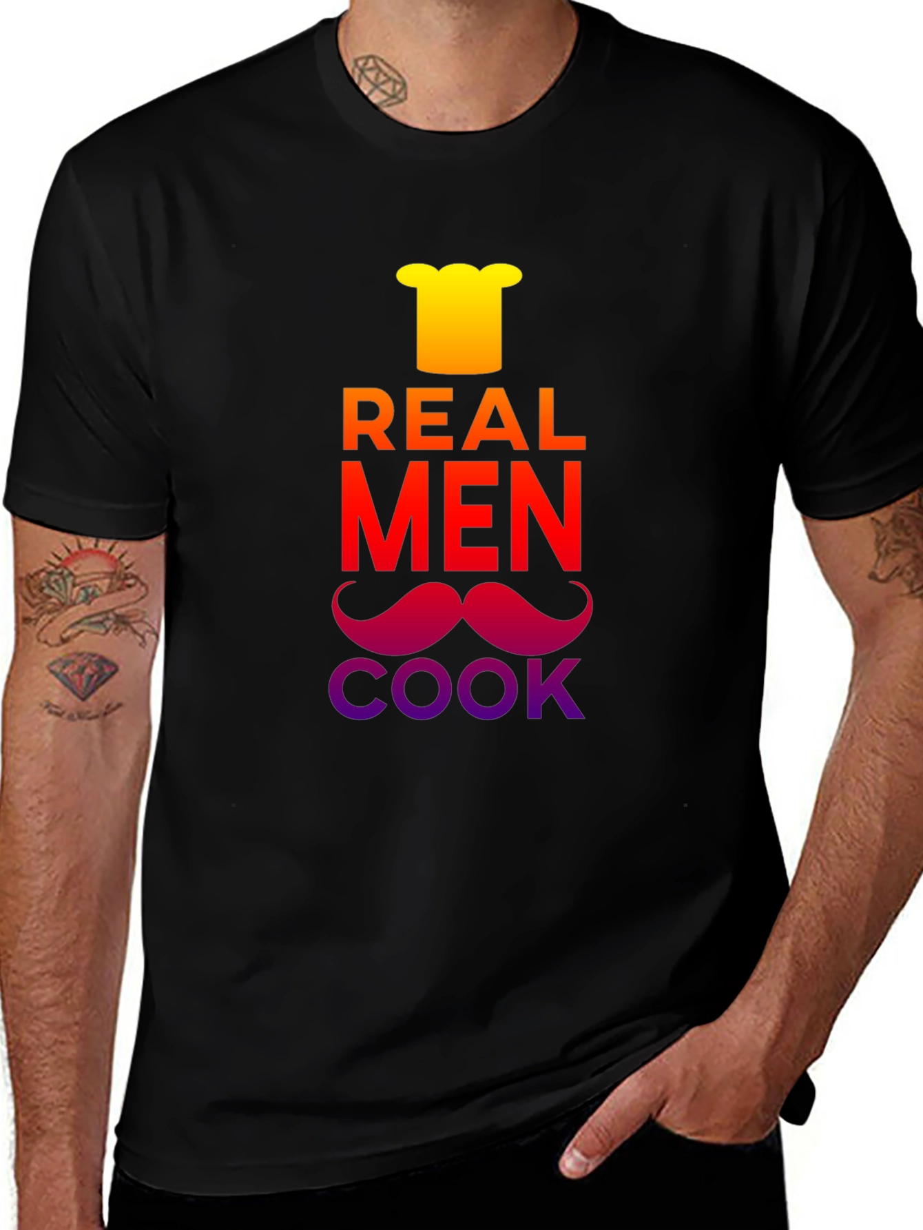 Variant 7 of Real Men Cook T-Shirt - Chef's Hat & Moustache Design