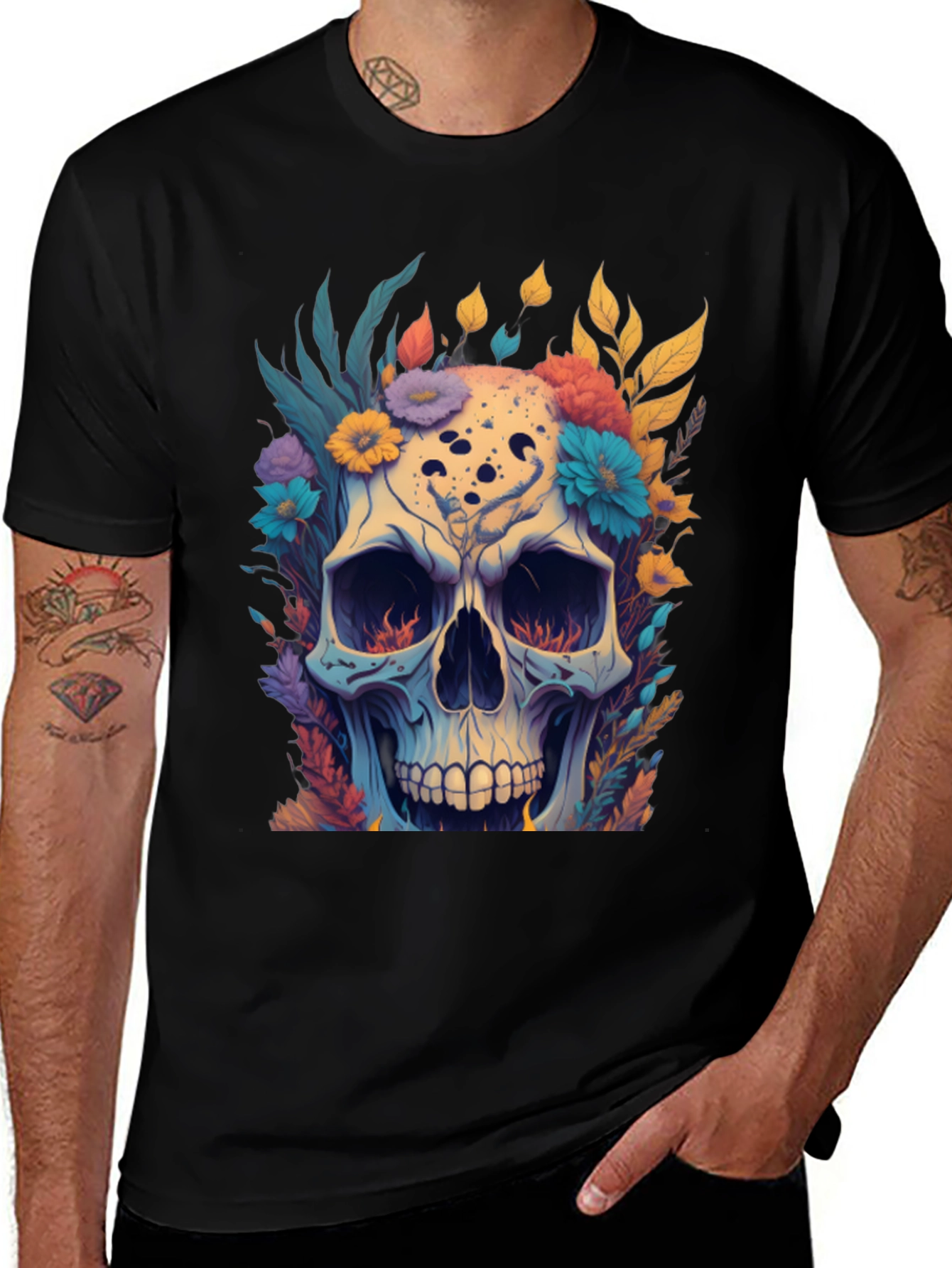 Variant 12 of Floral Skull Graphic Tee - Black Cotton T-Shirt