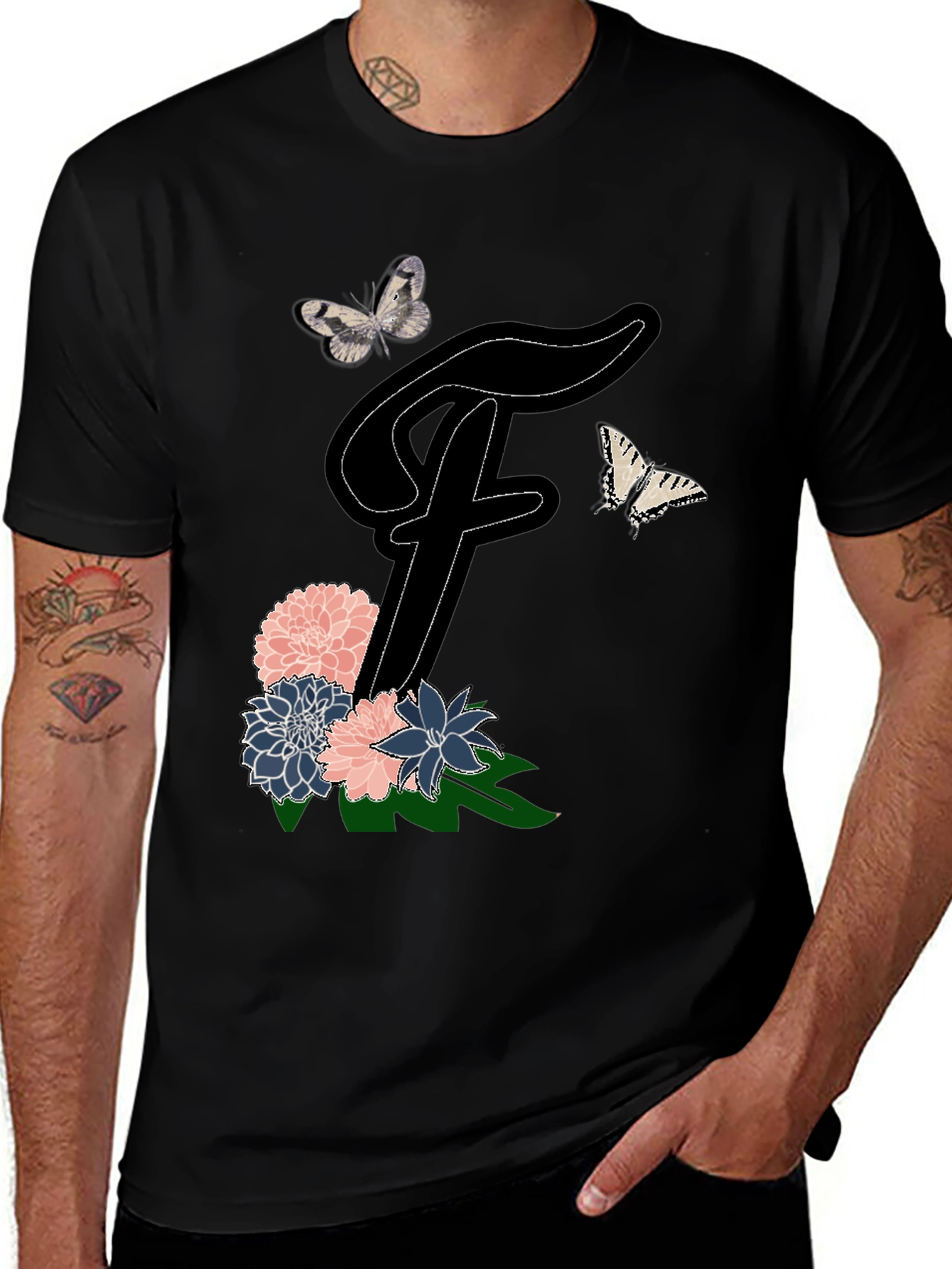 Variant 3 of Floral Letter F T-Shirt, Butterfly Tee