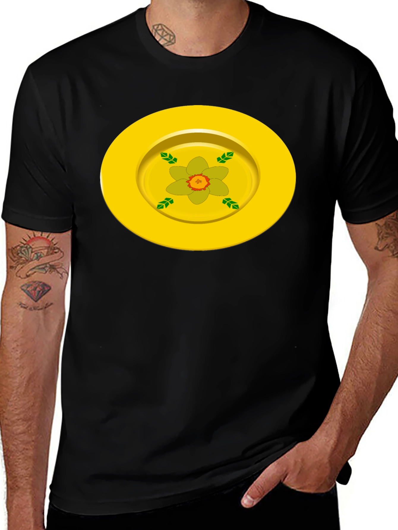 Variant 5 of Daffodil Plate Graphic Tee - Casual Black T-Shirt