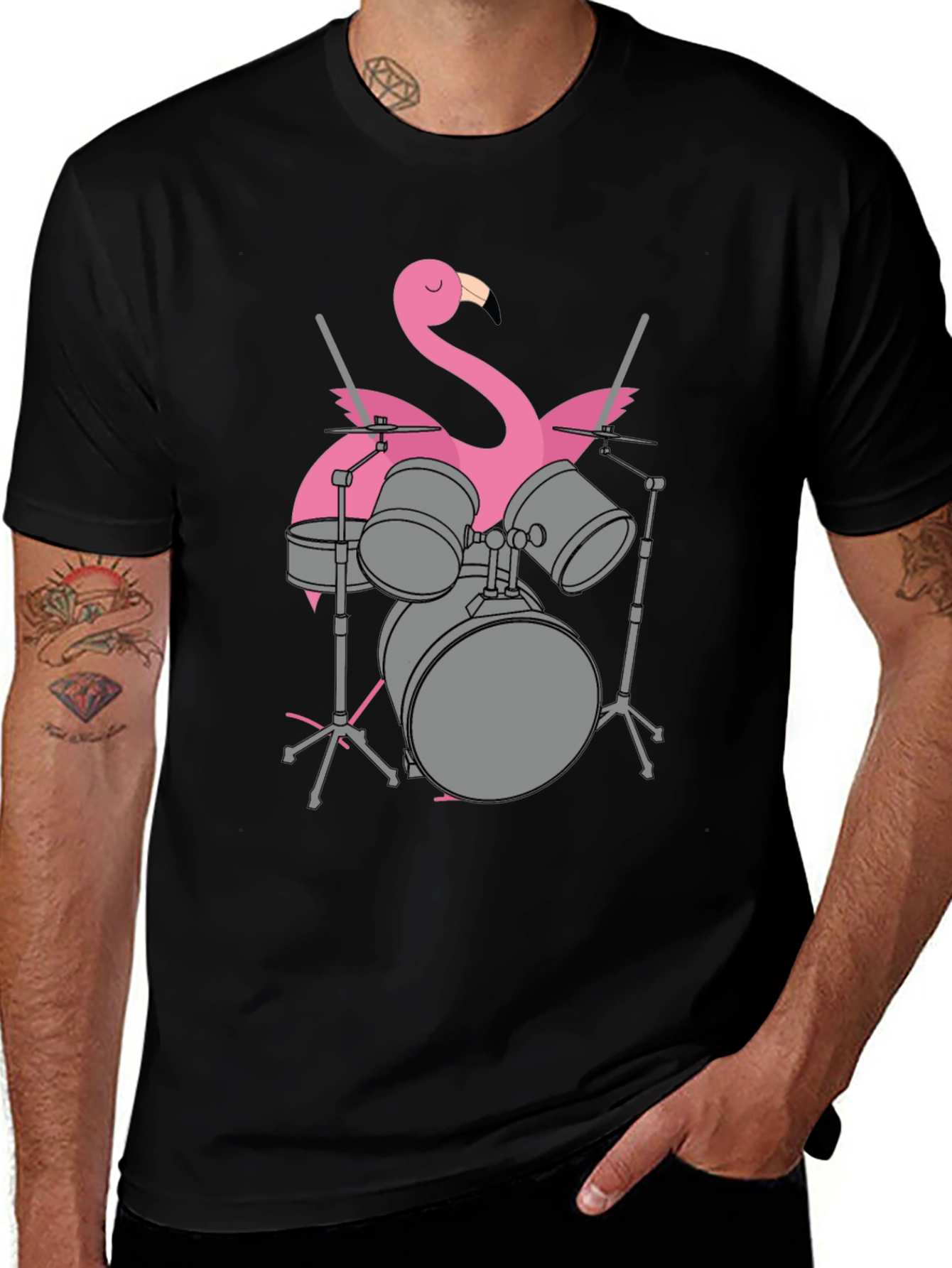 Variant 29 of Flamingo Drum Kit Graphic Tee - Black Cotton Blend Shirt