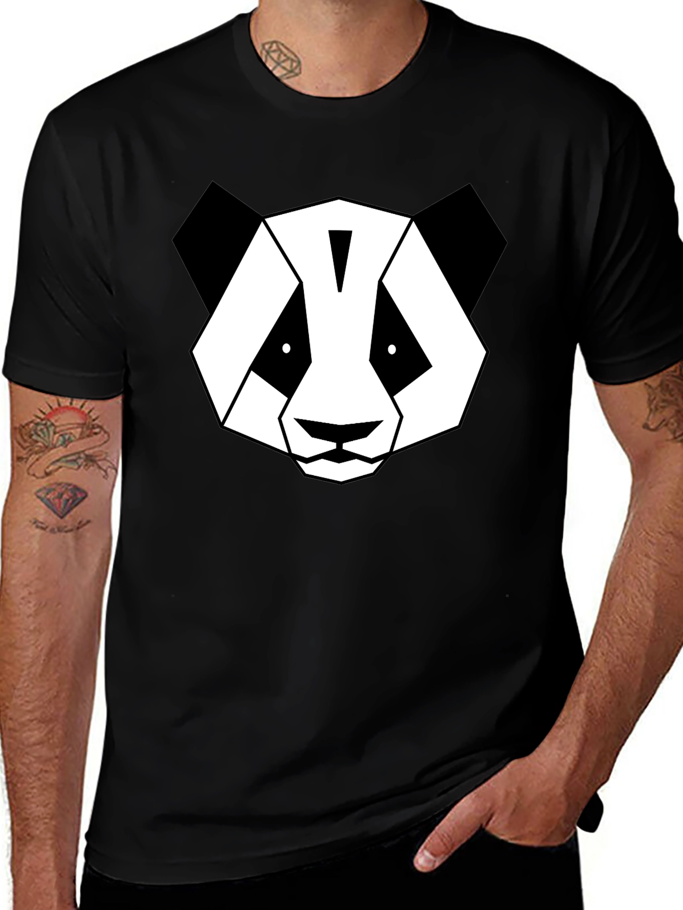 Black Geometric Panda Graphic T-Shirt - Modern Black Tee main image