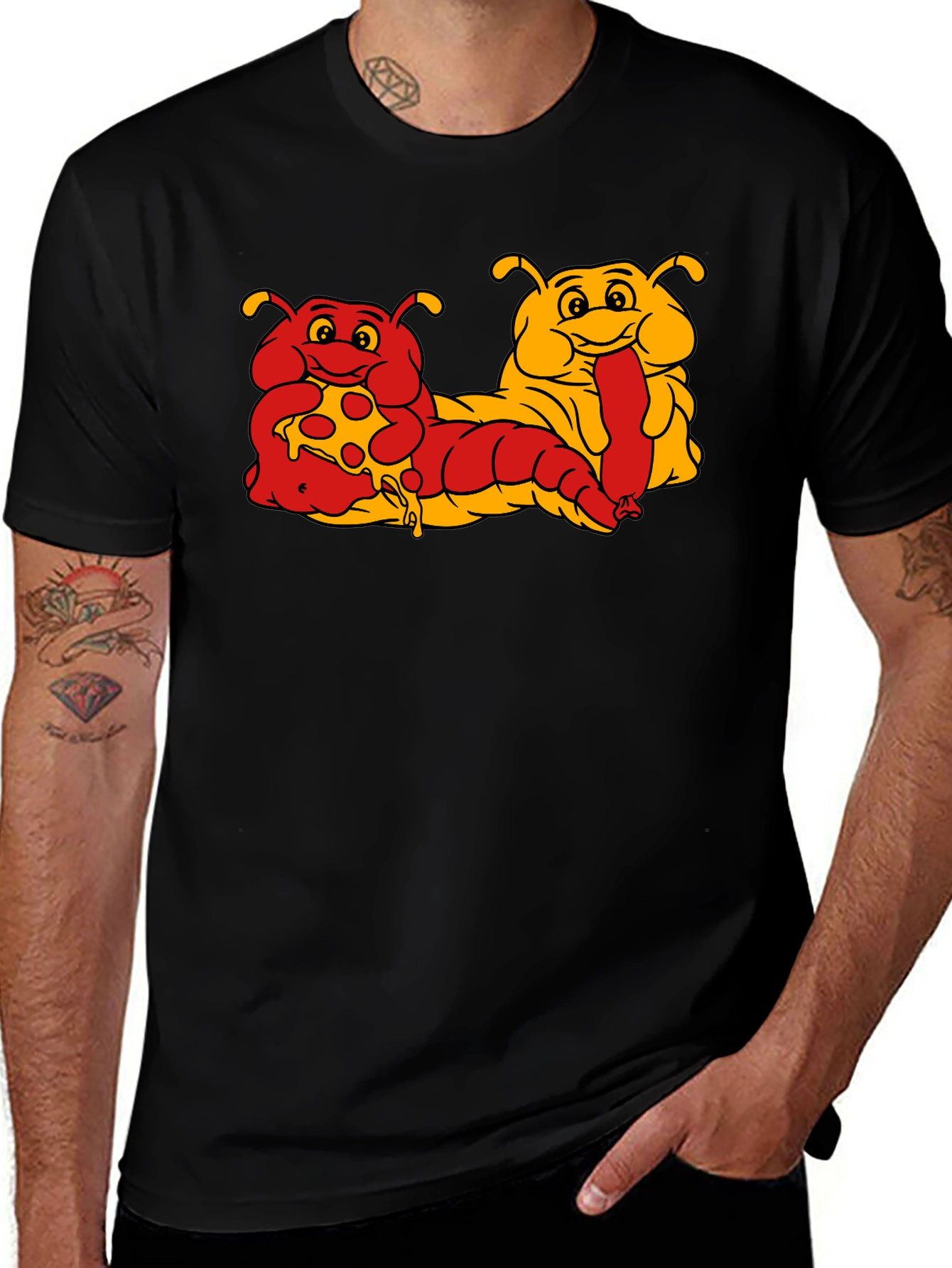 Cartoon Caterpillar Pizza & Hotdog T-Shirt