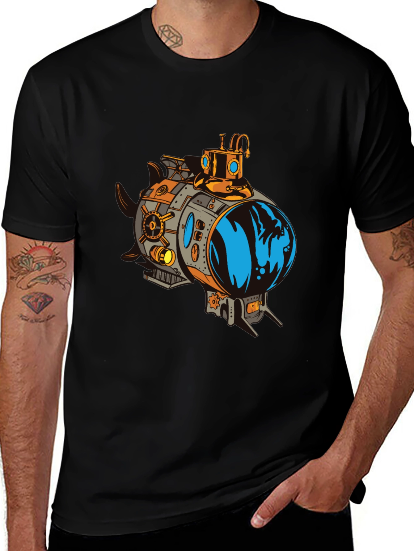 Variant 24 of Steampunk Submarine Graphic Tee - Black Cotton T-Shirt