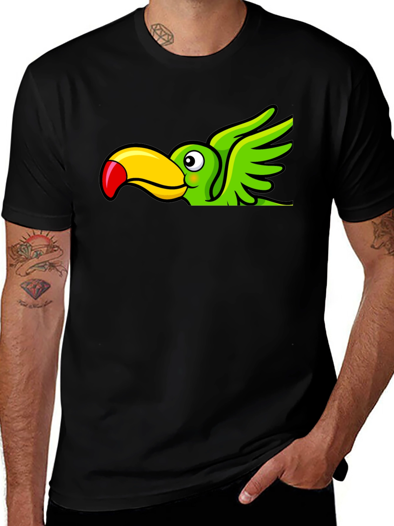 Variant 23 of Cartoon Toucan Bird Graphic Tee - Black Cotton Blend