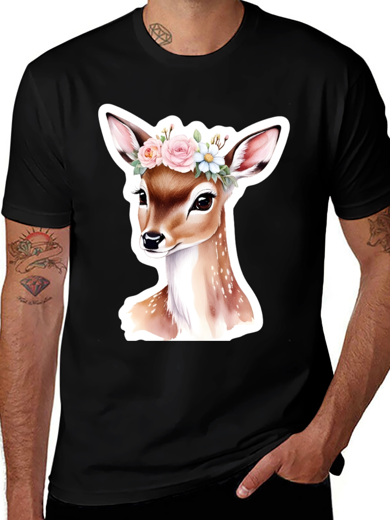 Variant 2 of Deer Floral Crown Black T-Shirt