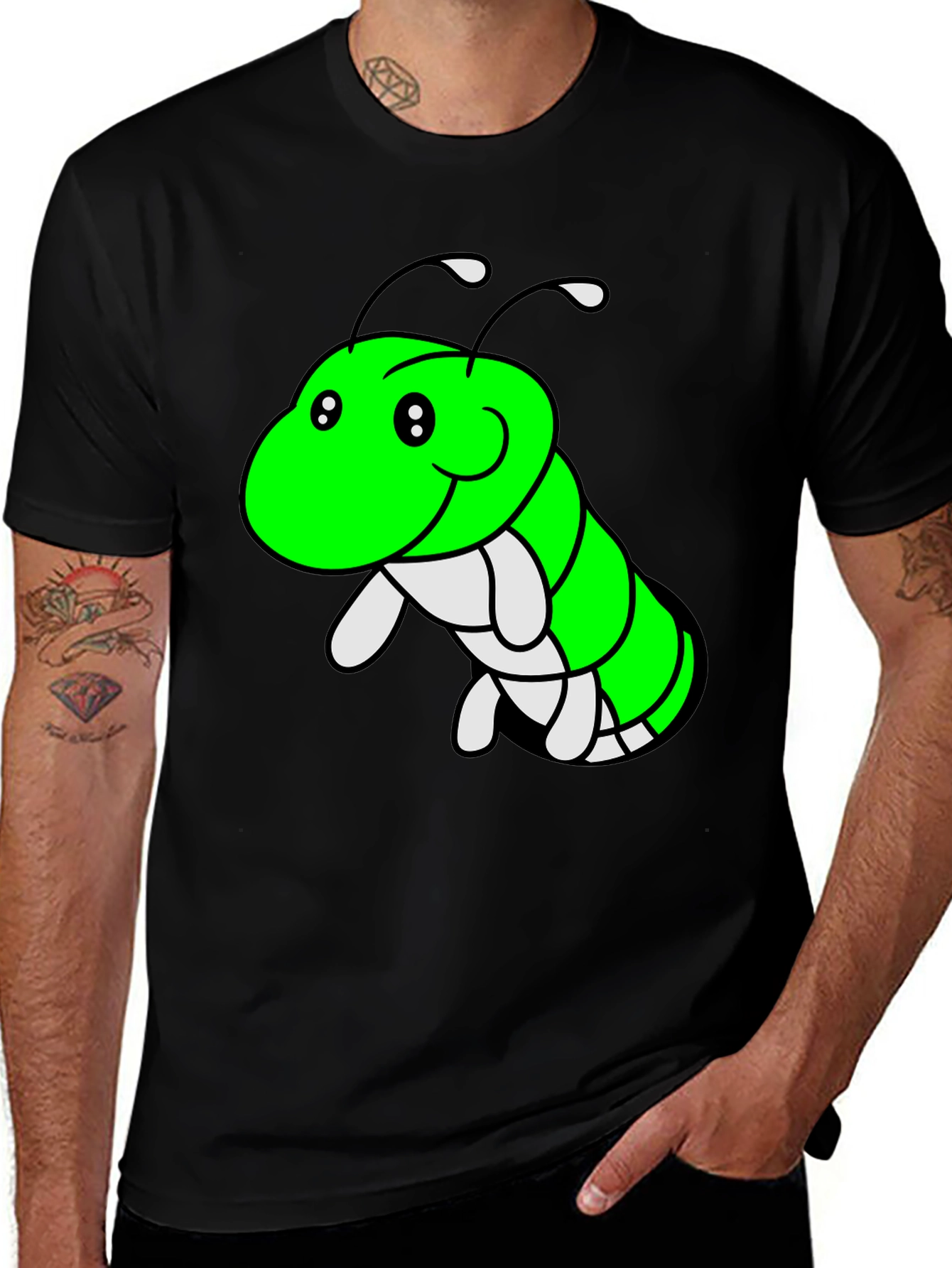 Variant 27 of Cartoon Caterpillar Graphic Tee - Black Cotton T-Shirt