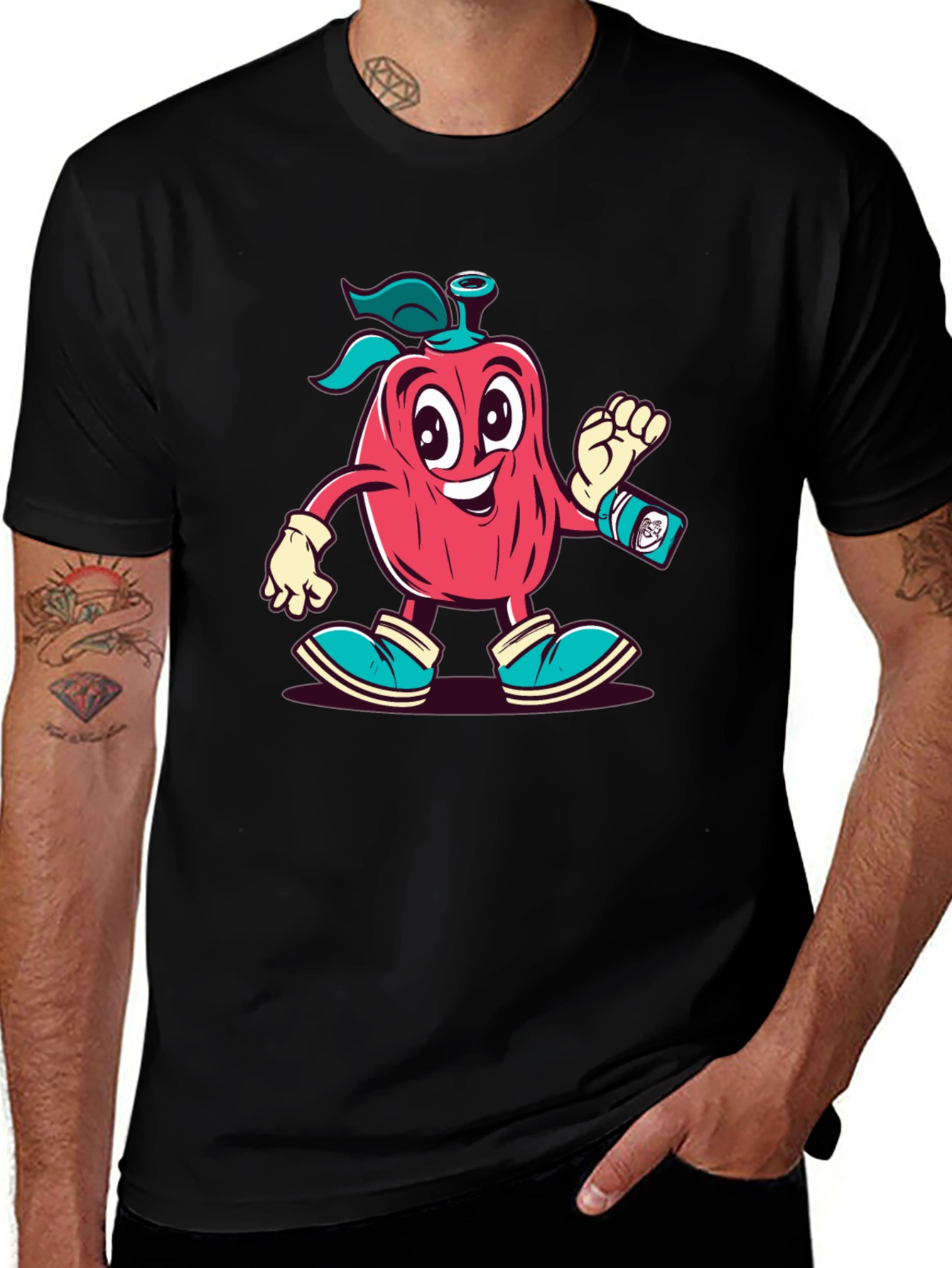 Variant 29 of Cartoon Apple Character Black T-Shirt
