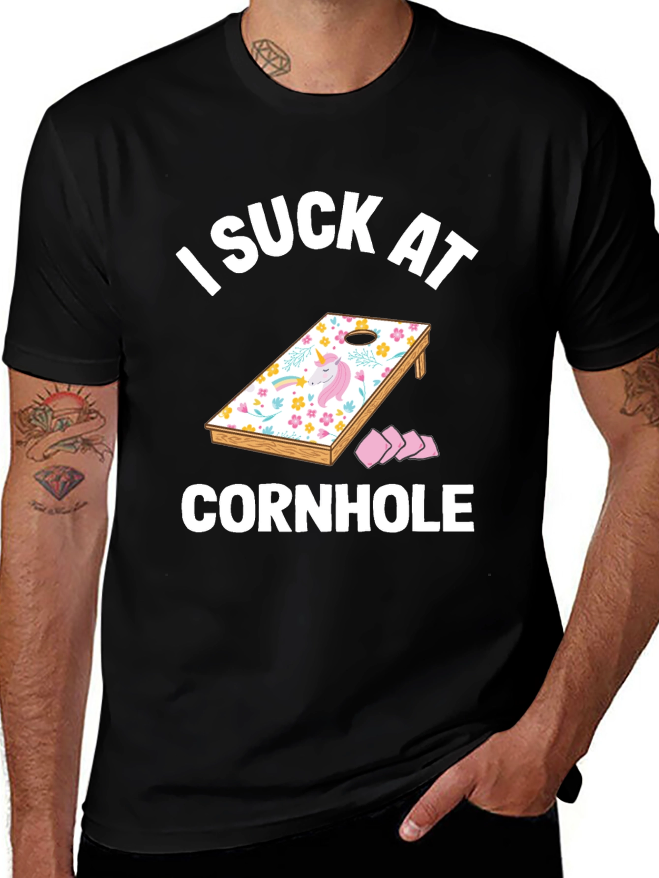 Variant 19 of I Suck at Cornhole T-Shirt - Unicorn Design