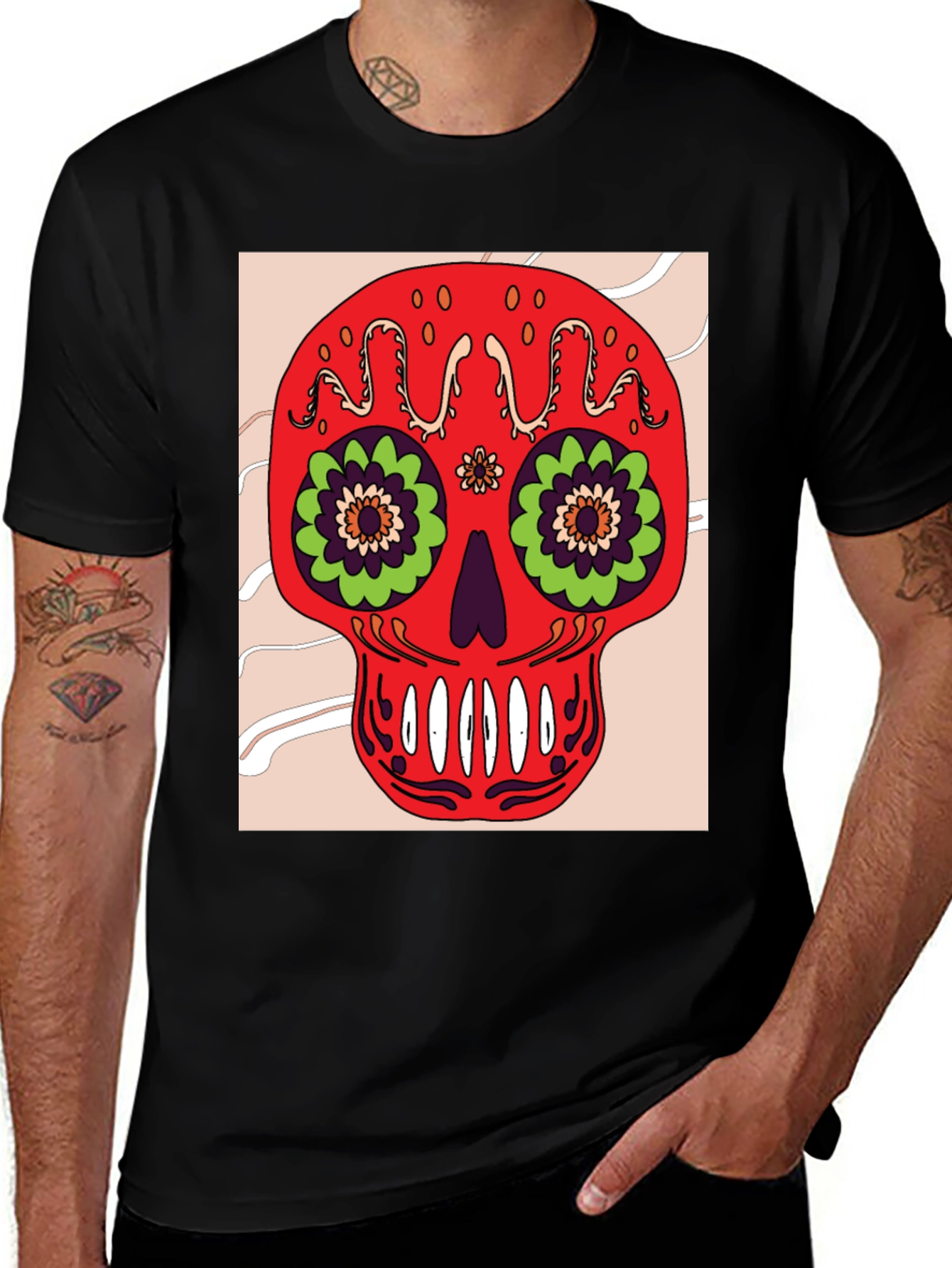 Variant 5 of Sugar Skull Graphic Tee - Men's Black Cotton T-Shirt