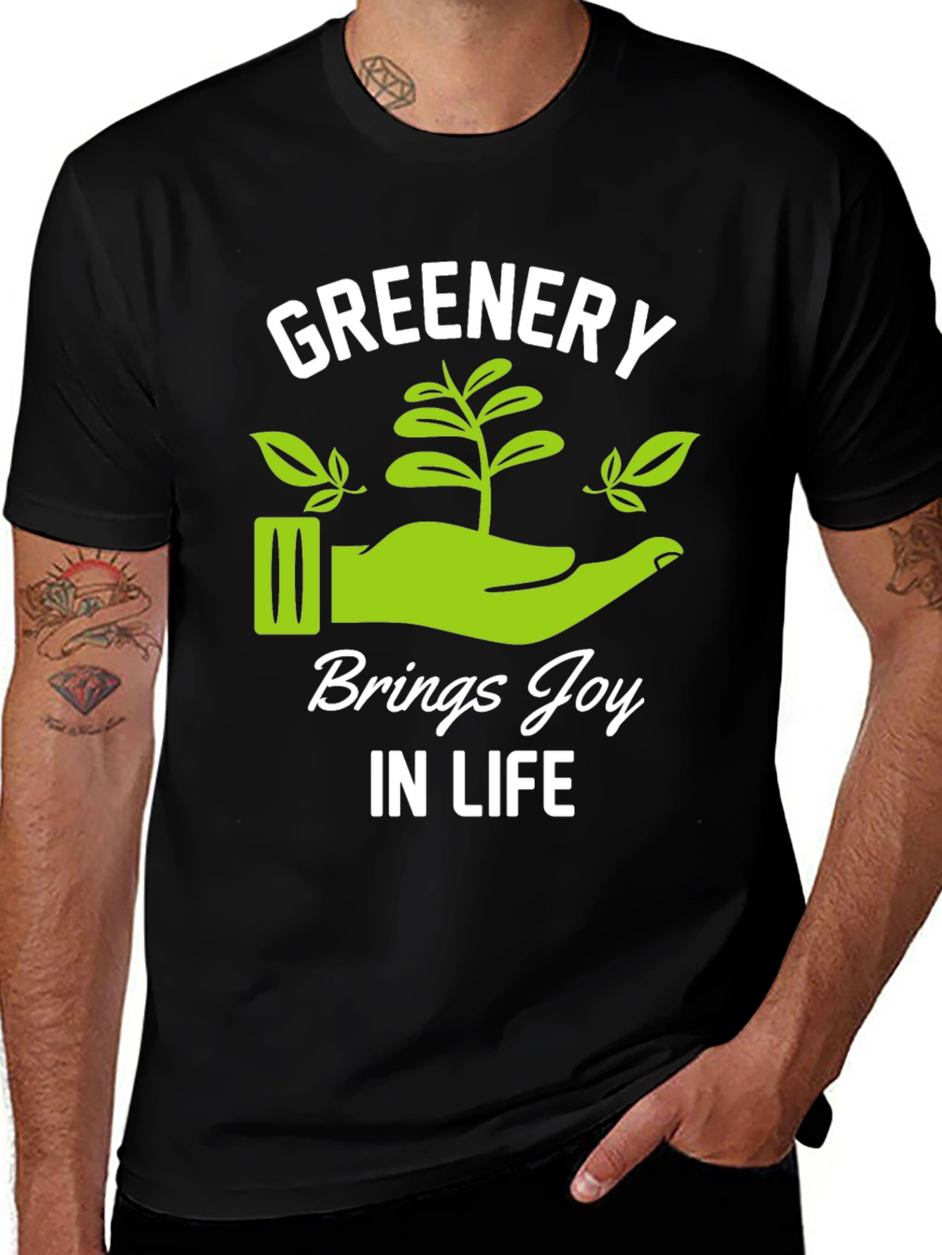 Greenery Brings Joy Black Graphic T-Shirt