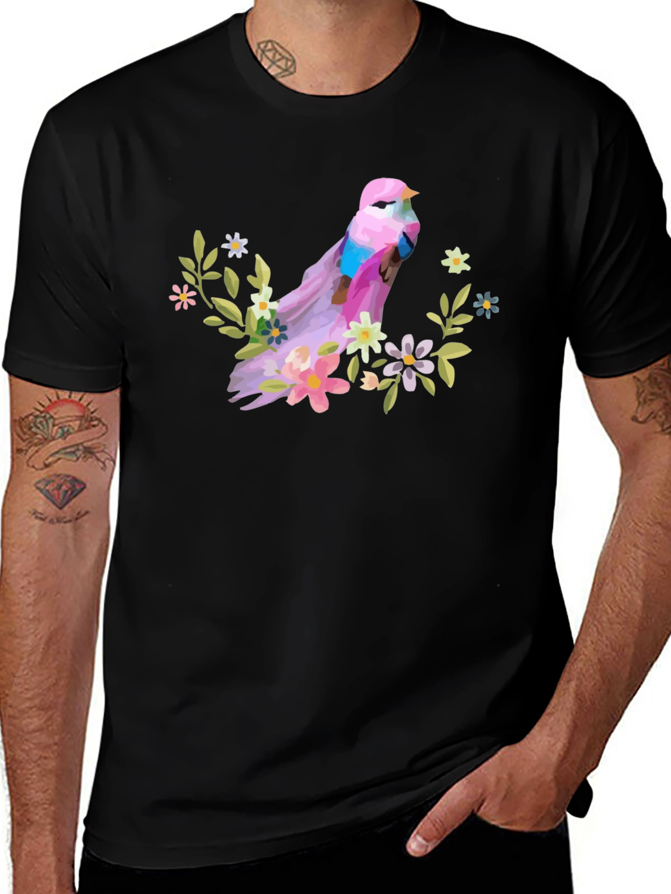 Variant 2 of Bird and Floral Graphic T-Shirt - Black