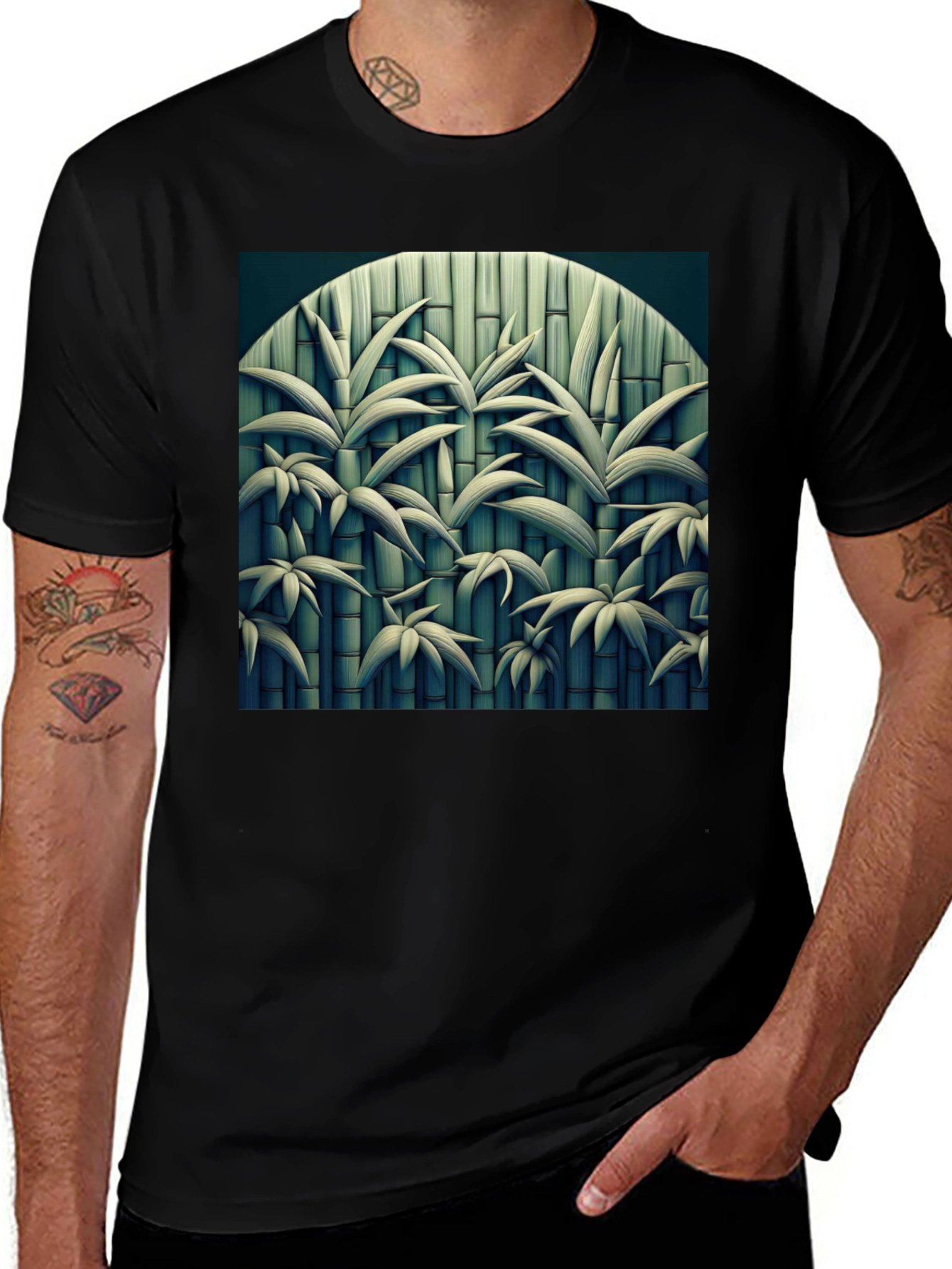 Bamboo Print Black T-Shirt
