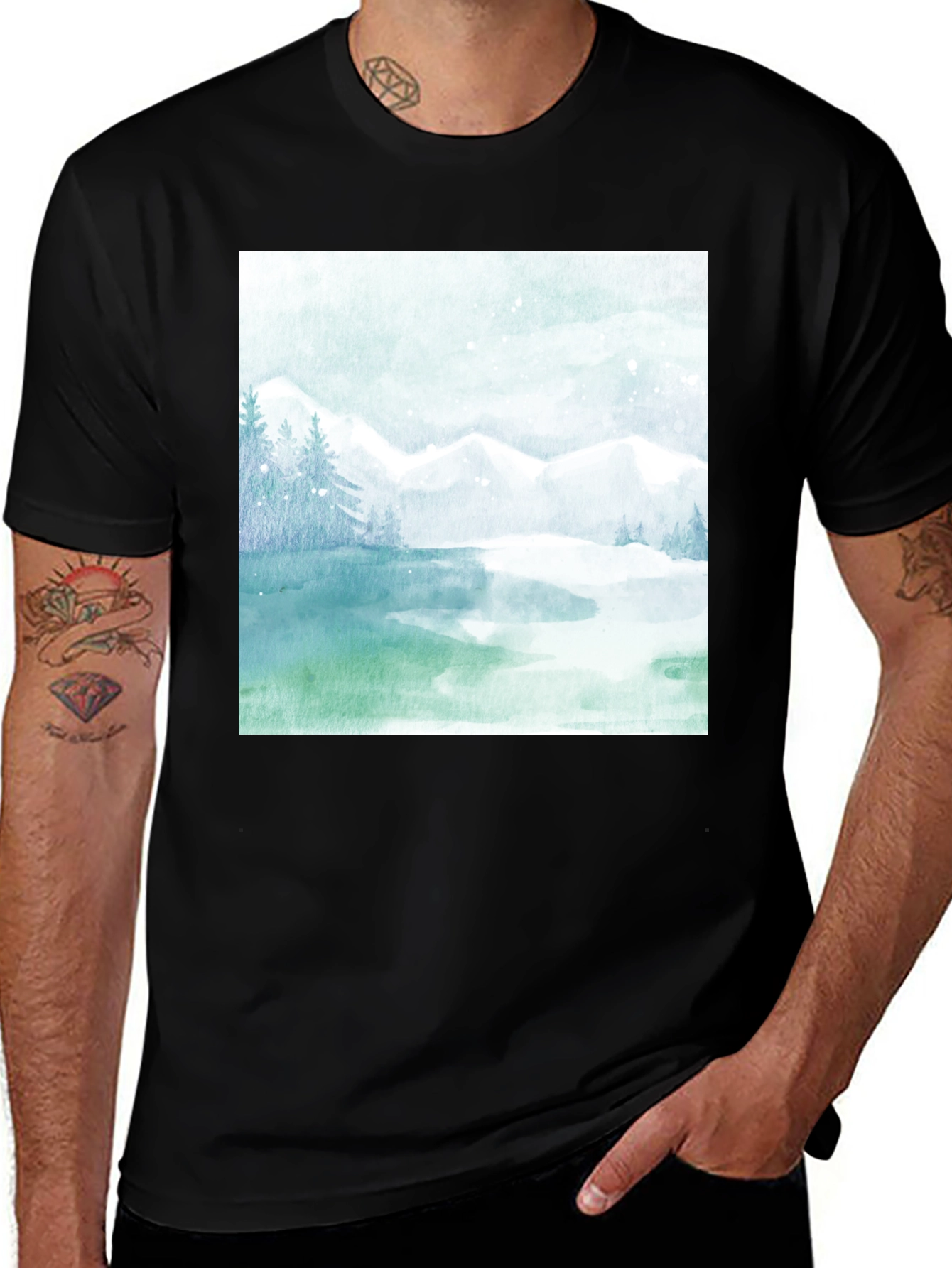Black Watercolor Mountain Lake Graphic Tee main image