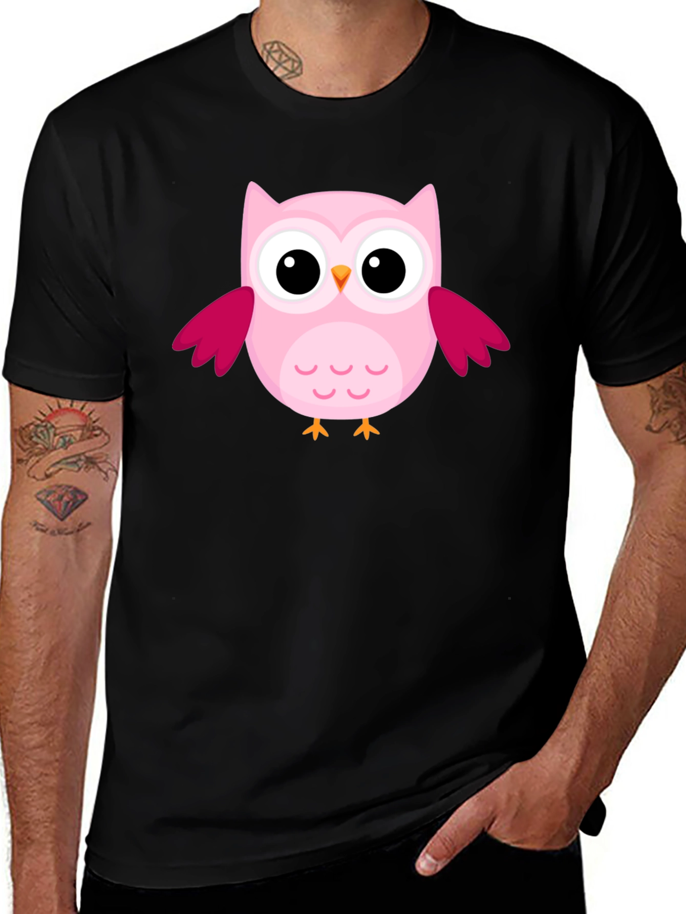 Variant 20 of Cute Pink Owl Graphic Black T-Shirt