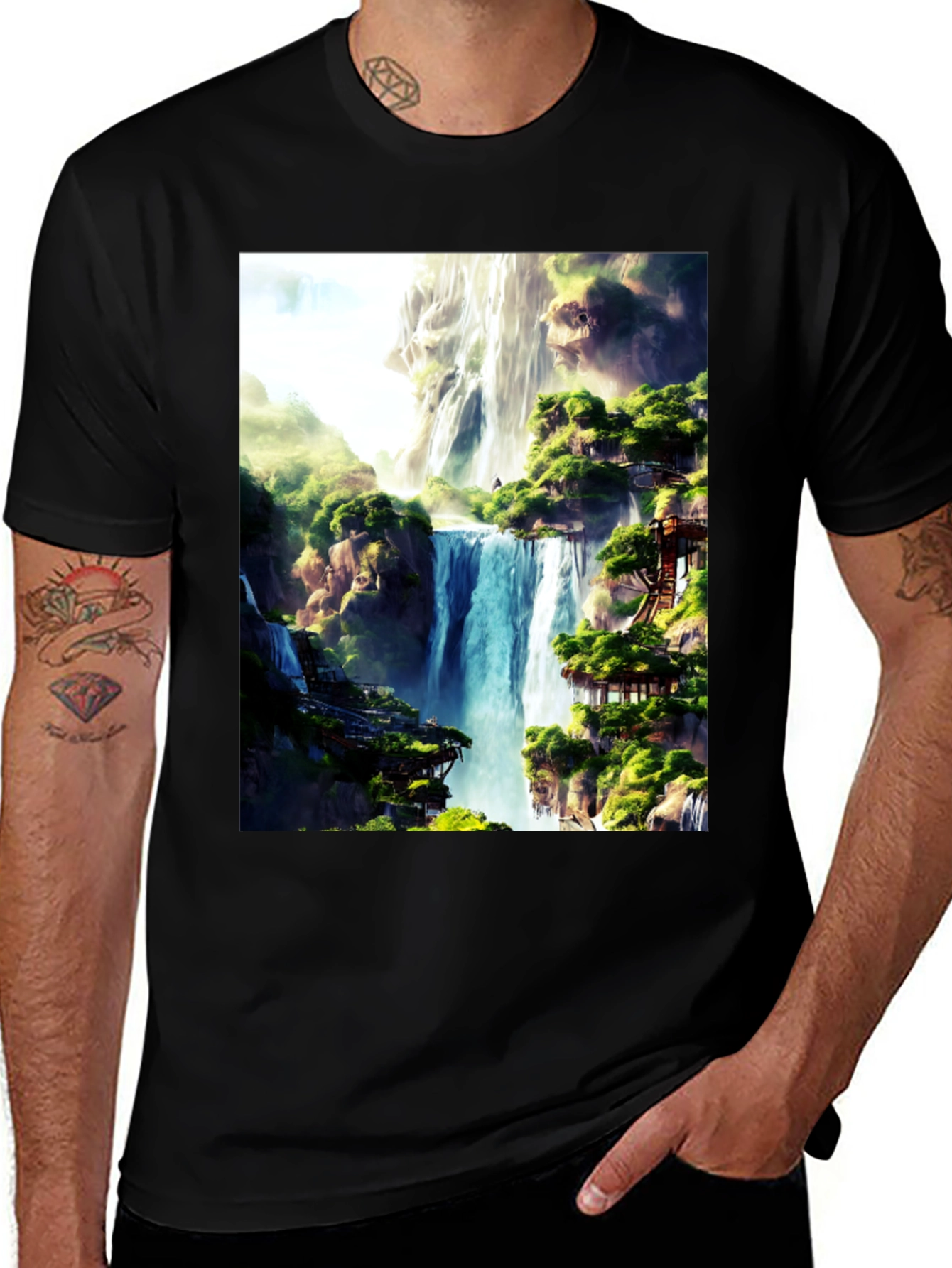 Variant 23 of Waterfall Black T-Shirt - Nature Art Tee