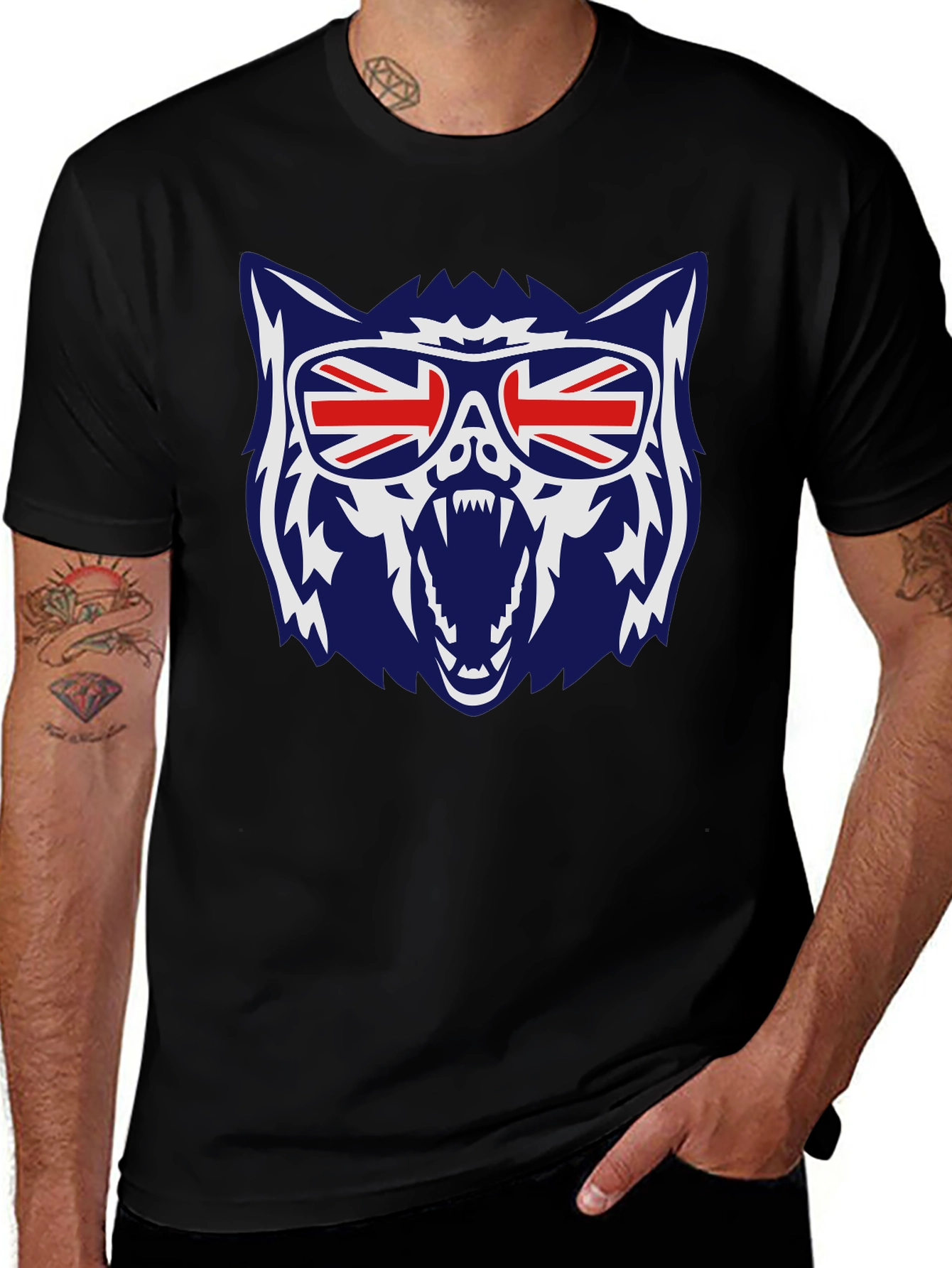 Variant 20 of Cool Union Jack Wolf Graphic Tee - Black