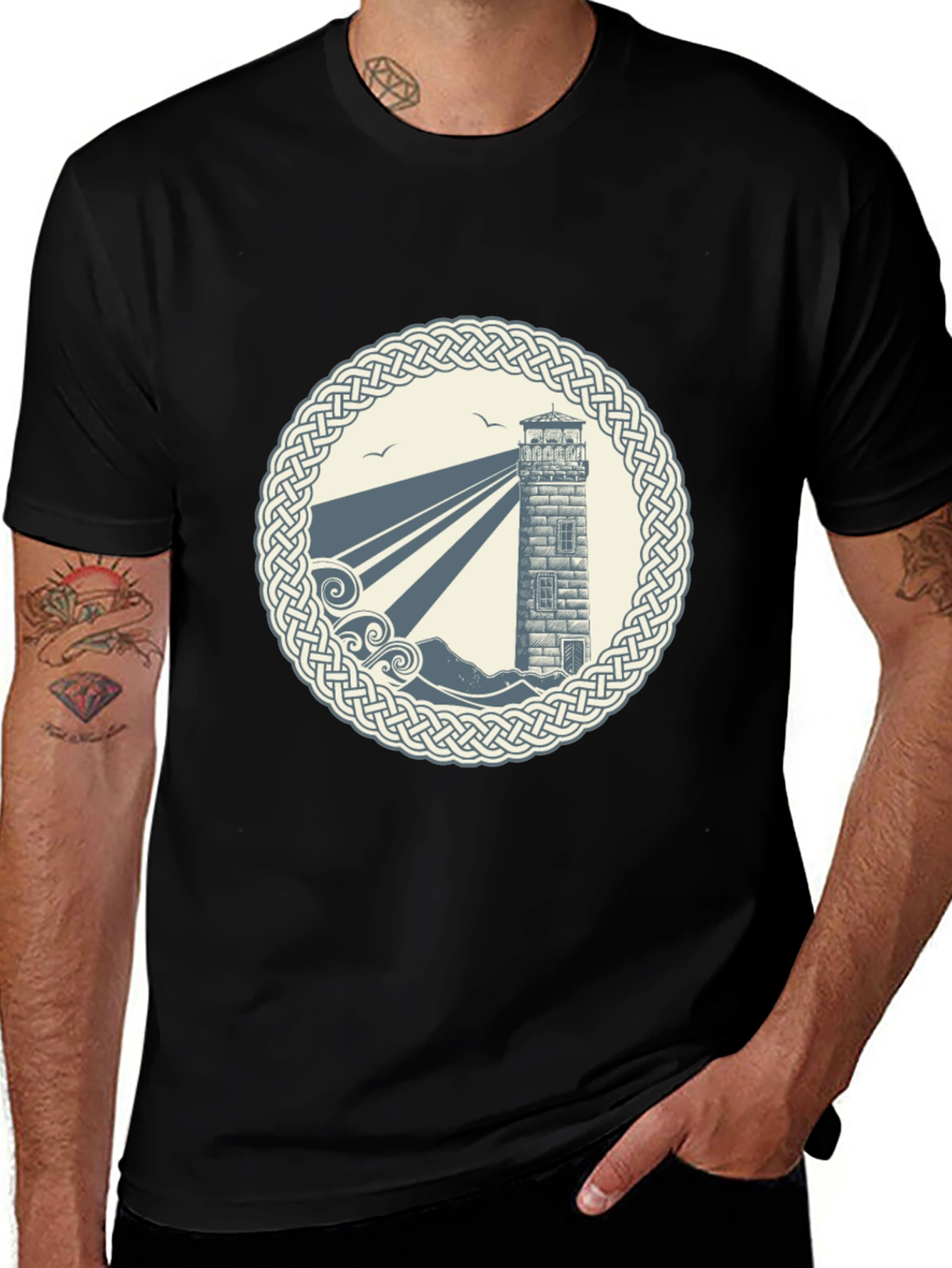 Variant 27 of Lighthouse Celtic Knot Graphic Tee - Black
